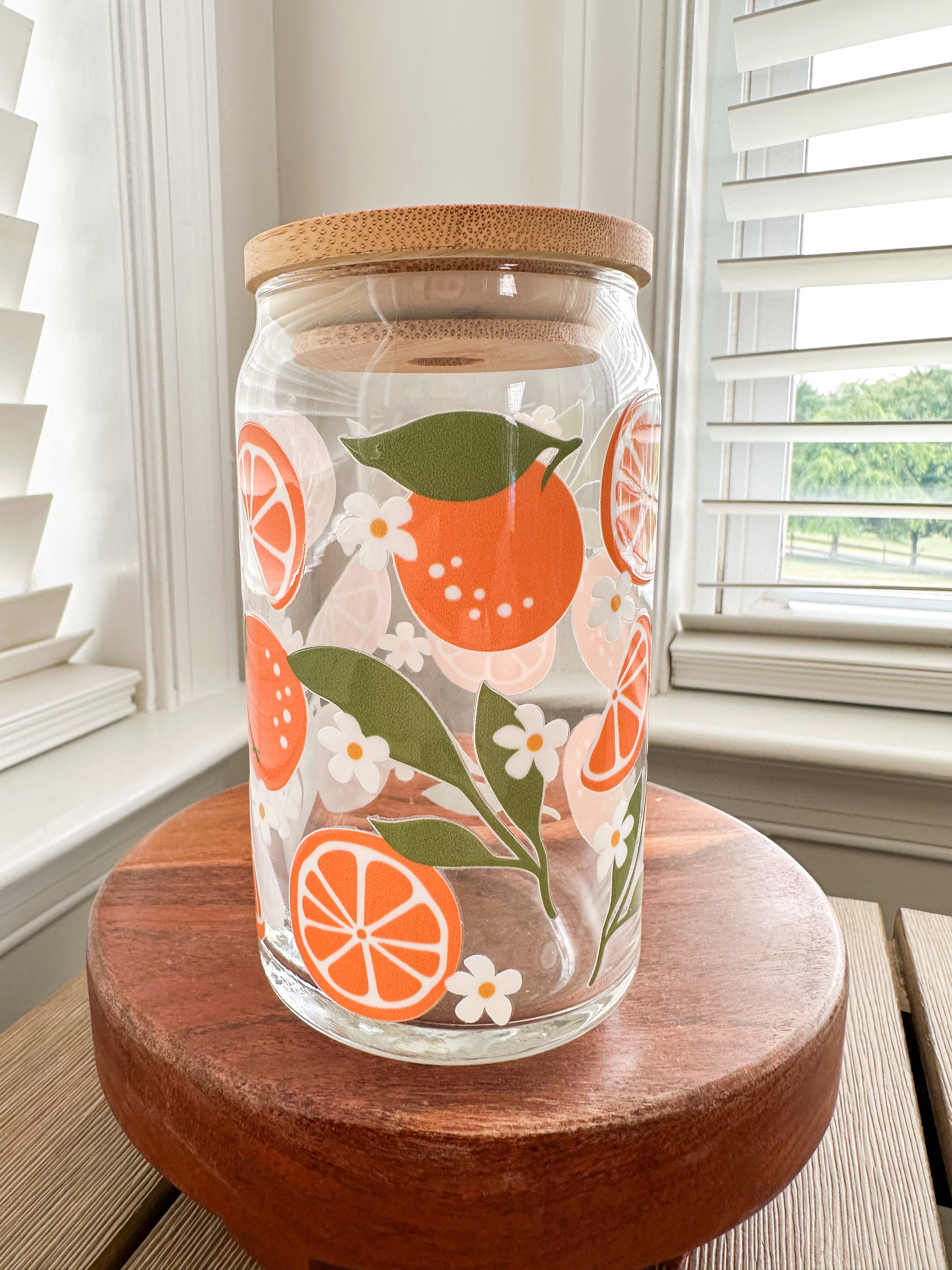 Orange Blossom Beer Can Glass, Oranges Glass Cup, Oranges Glassware, Fruit Beer Can Glass, Summer Iced Coffee Glass, Orange Glass Can