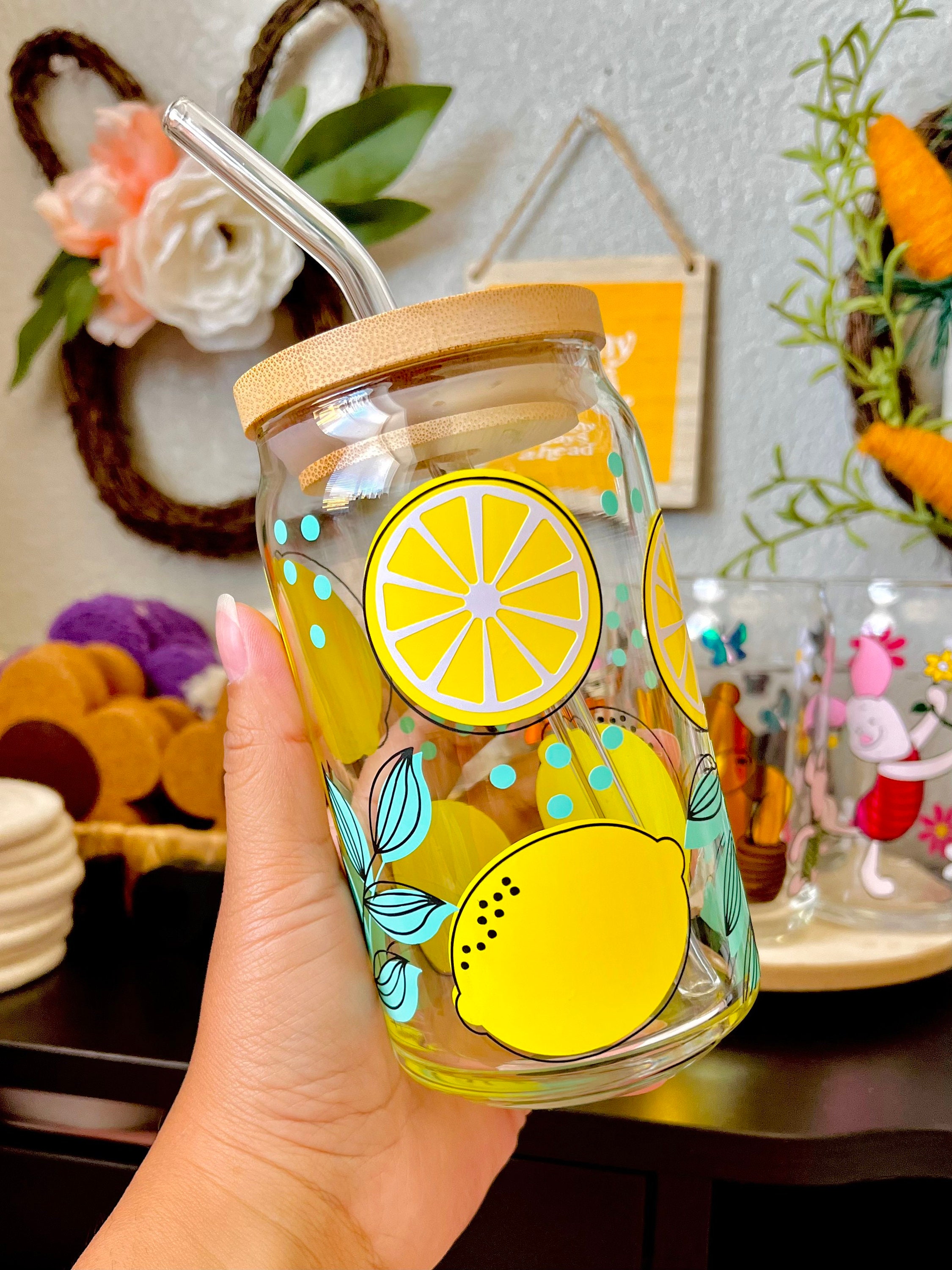 Boho Lemon 16 oz Beer Can Glass | Spring Summer Lemonade Soda Can Glass | Smoothie Cup