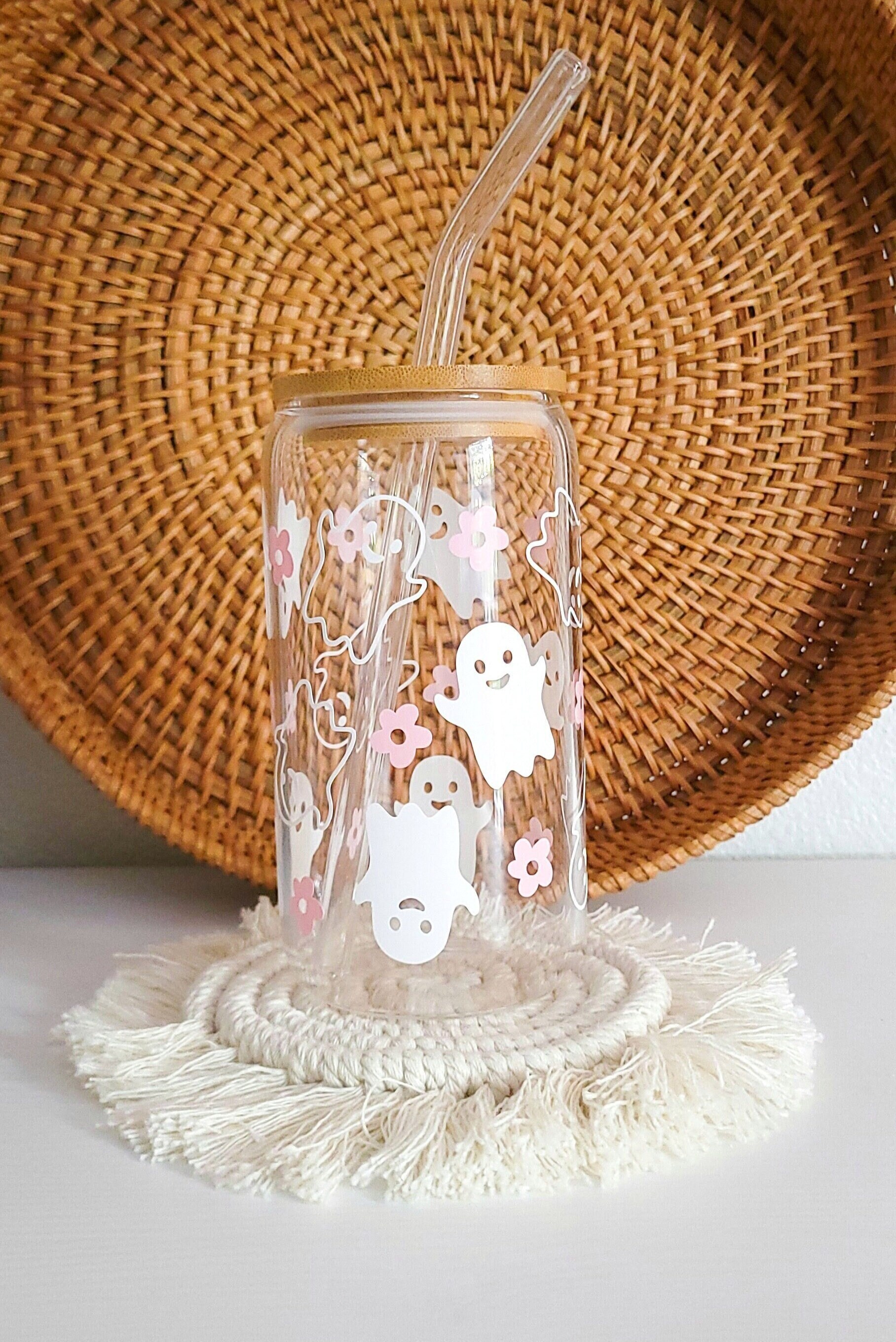 Retro Halloween Beer Can Glass Floral Halloween Iced Coffee Glass Cup Daisy Glass Tumbler Halloween Gift For Her Spooky Season Gift