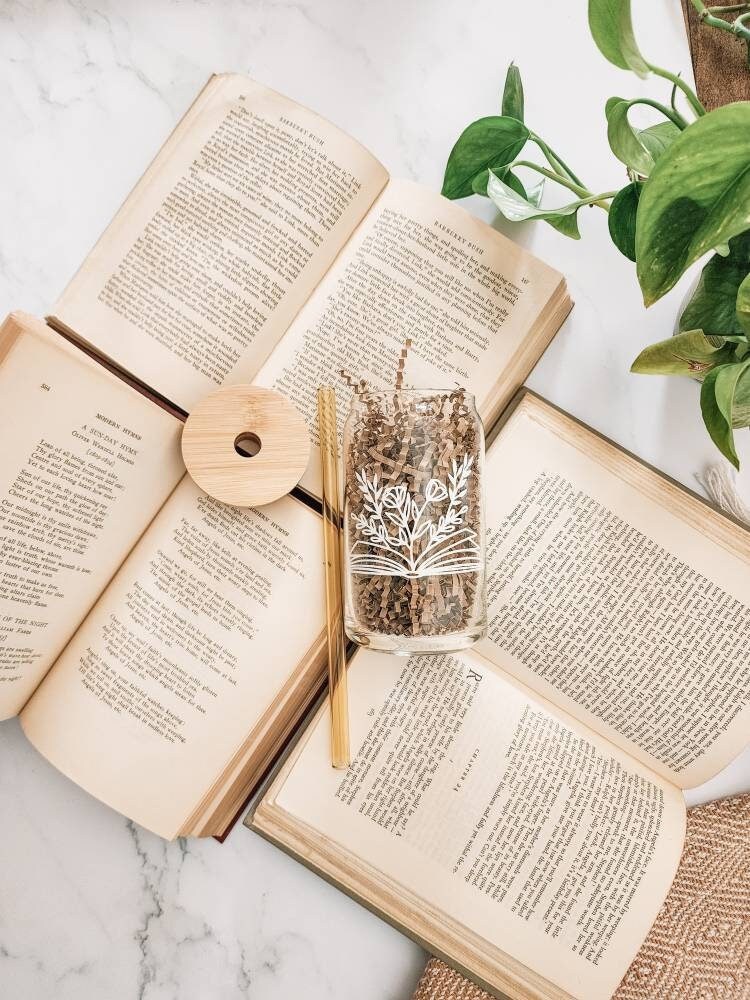 Book with Flowers Cup | Floral Book Glass Cup | Beer Can Glass | Glass Cup w Bamboo Lid | Iced Coffee Glass w Straw