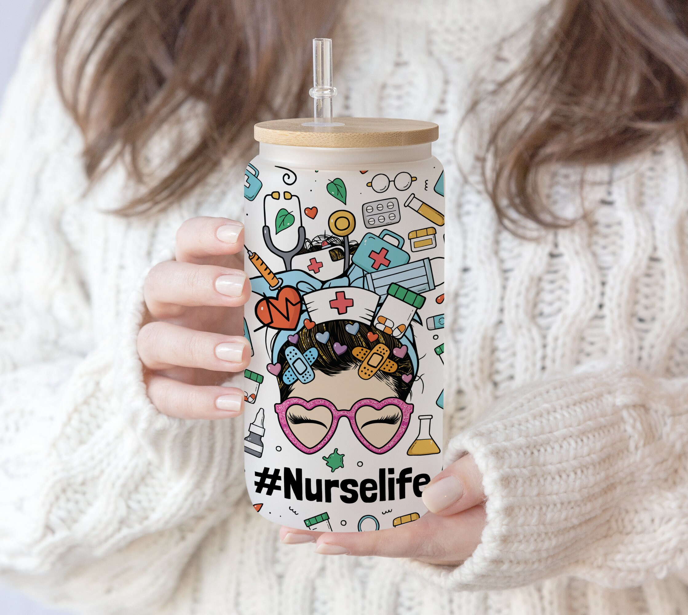 16 oz Libbey Glass Can Tumbler Sublimation Seamless Pattern LOVE Nurse Life | Nurse Nutrition Facts | Gift for Nurse Nursing PNG file