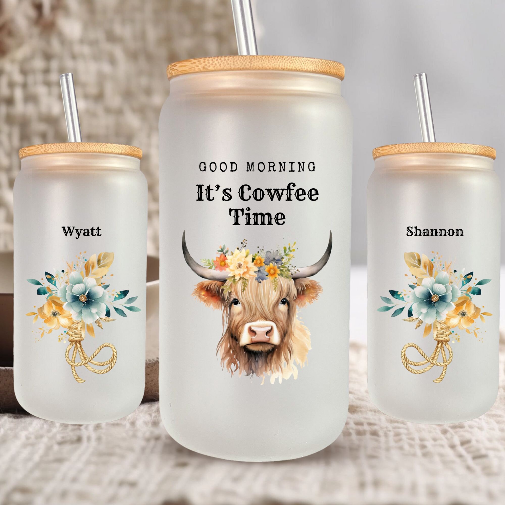 Couple Gifts, Personalized Highland Cow Glass Tumbler with Straw and Lid, Highlander Cow Iced Coffee Cup, Highland Hairy Cow Libbey Glasses