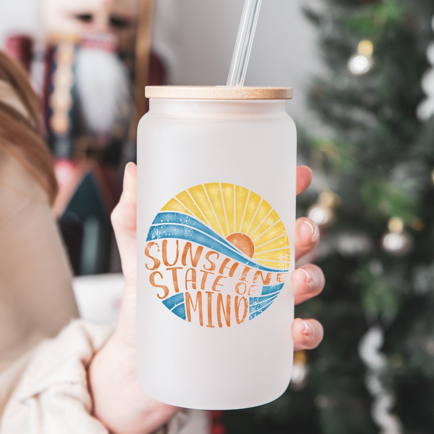 Sunshine State of Mind Summer Glass Can | Sunshine Coffee Glass | Beach Coffee Cup | 16oz Libbey Glass | Coffee Glass | Summer Coffee Can