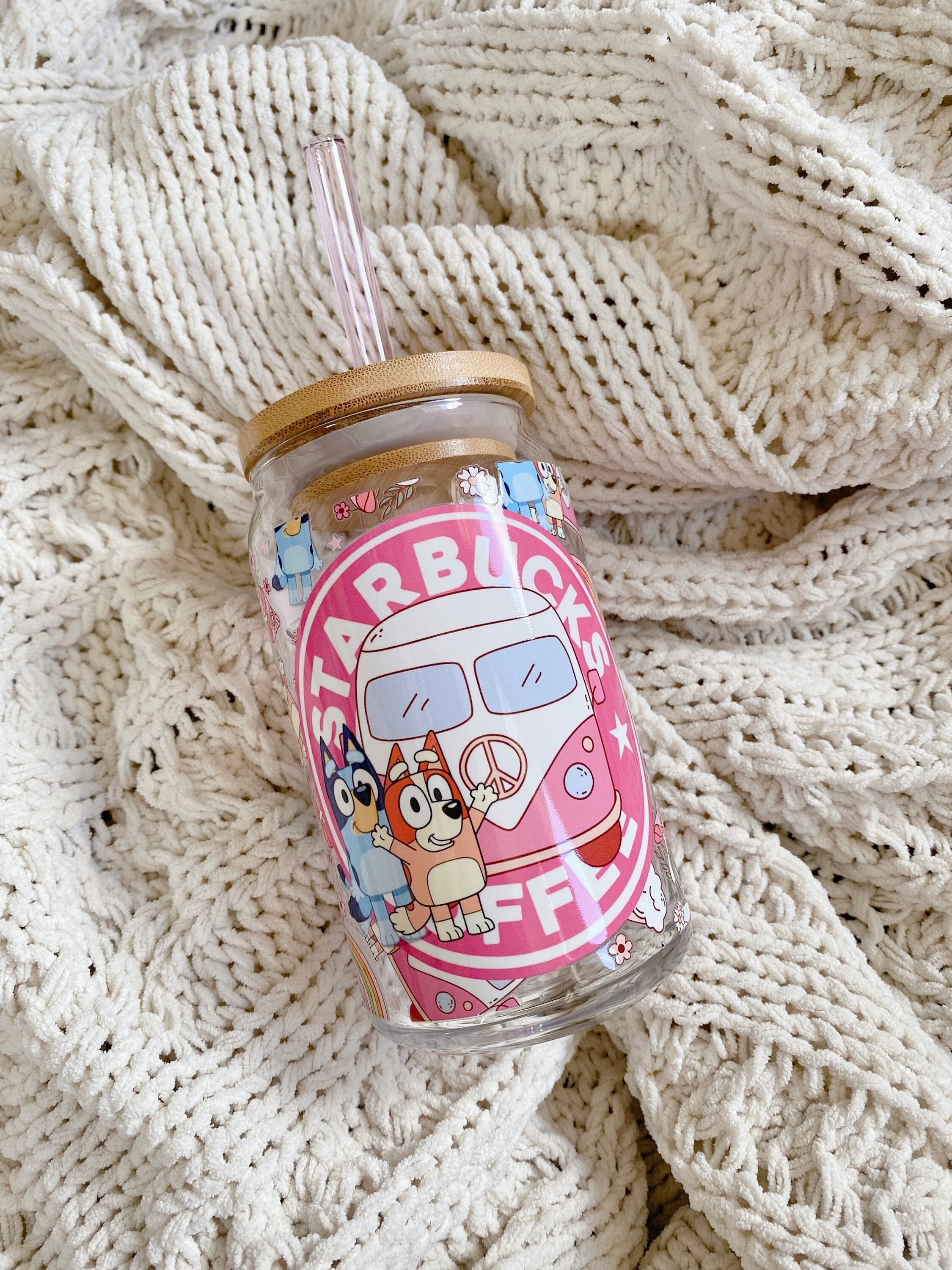 Blue Dog Beer Can Glass, Cartoon Character Cup, Retro Groovy Iced Coffee Glass, Mom Cup, Gift For Her, Blue Dog, Pink Bingo Glass