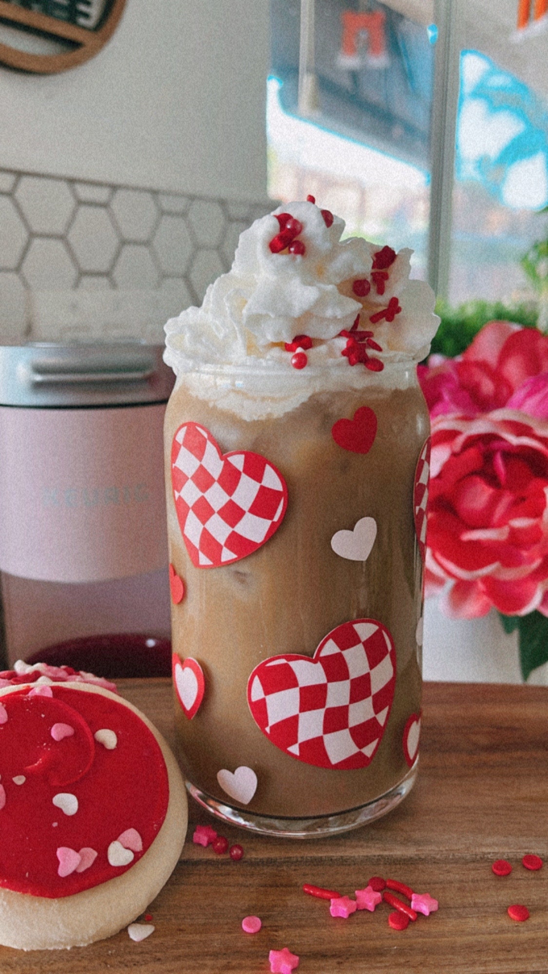 Heart Checkered cup, Valentines Day cup, Iced coffee cup,