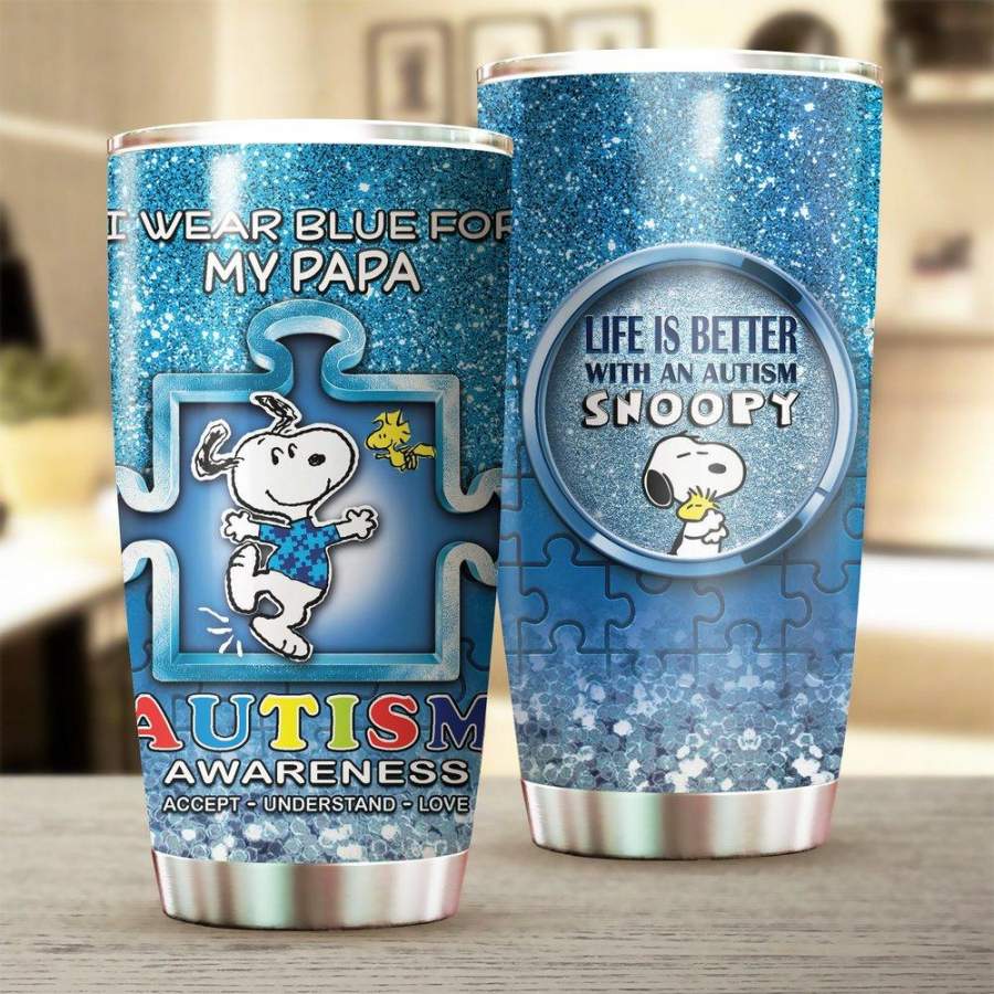 Snoopy I Wear Blue For My Papa Stainless Steel Tumbler 20 Oz Gift For Autism Awareness