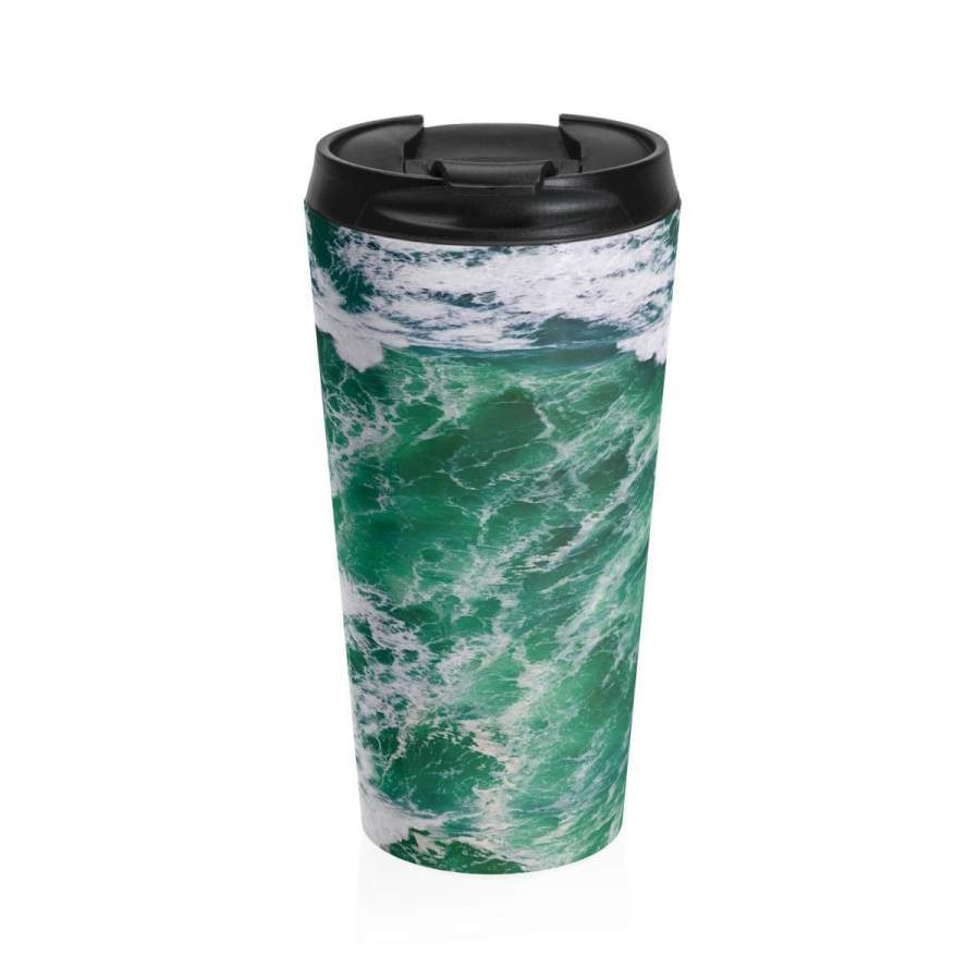 Stainless Steel Travel Mug, Nature Ocean Waves Boho Bohemian Hippie Travel Mug, Insulated Nature Inspired 15 Ounce Tumbler, 15oz Coffee Cup