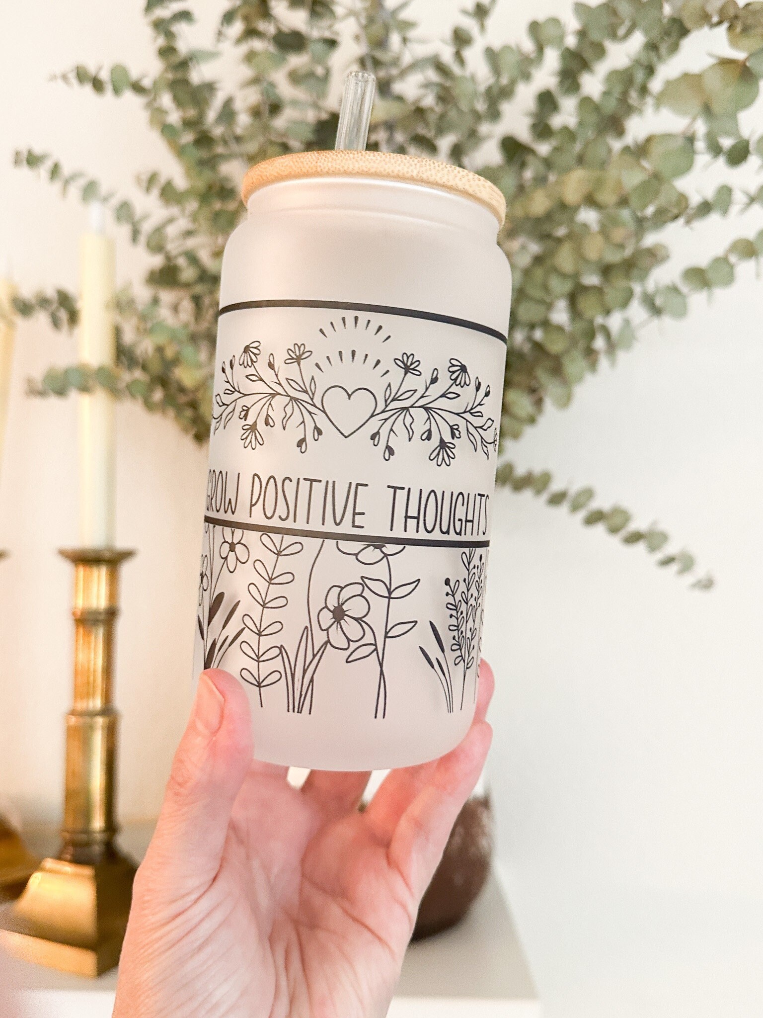 Grow Positive Thoughts Coffee Glass, Iced Coffee Cup, 16 oz Aesthetic Glass, Gift for Mom, Mental Health, Boba Drink Cup, Bamboo Lid & Straw