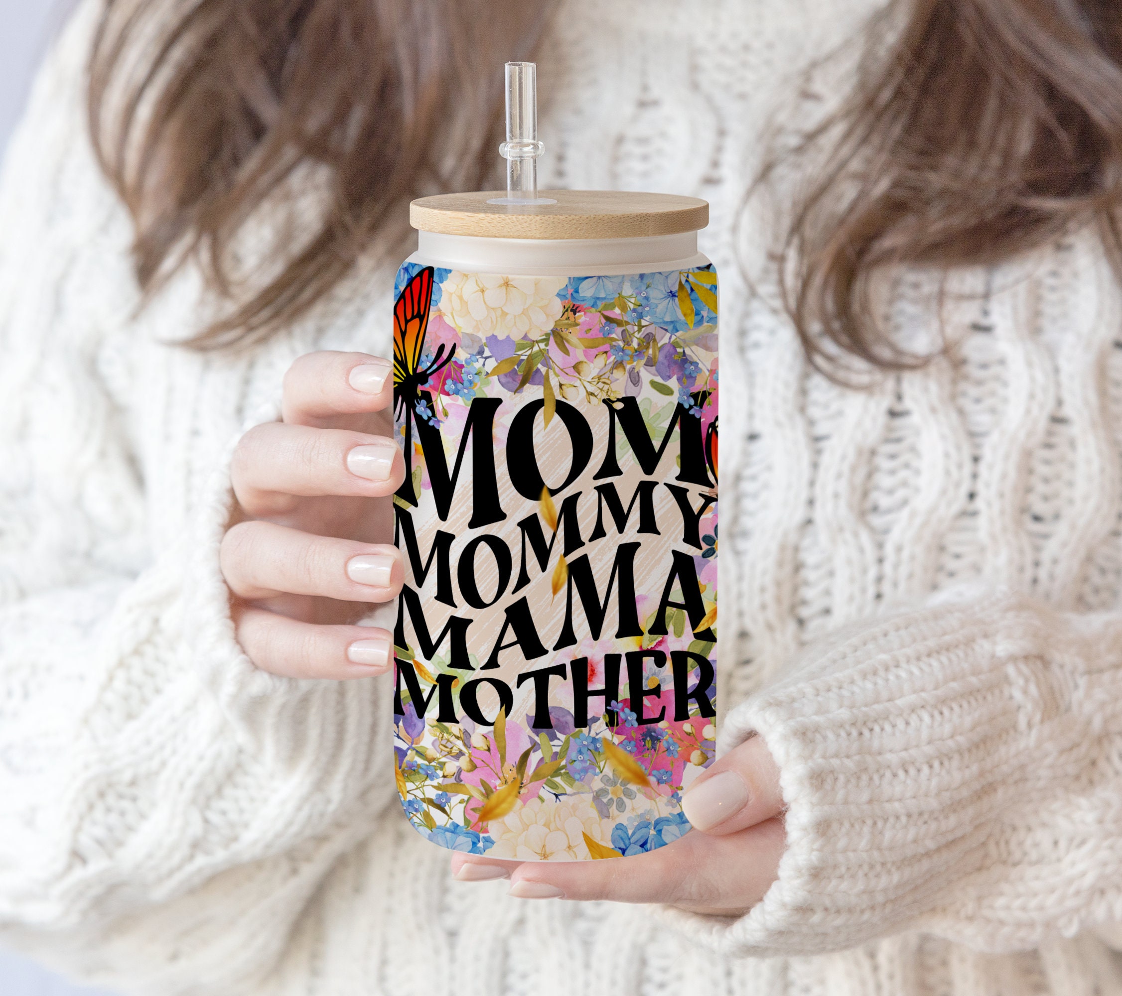 2 files 16 oz Libbey Glass Can Tumbler Sublimation Design Mama Butterfly Flower gift for Mom Floral Wrap Blue butterflies png, Mother day