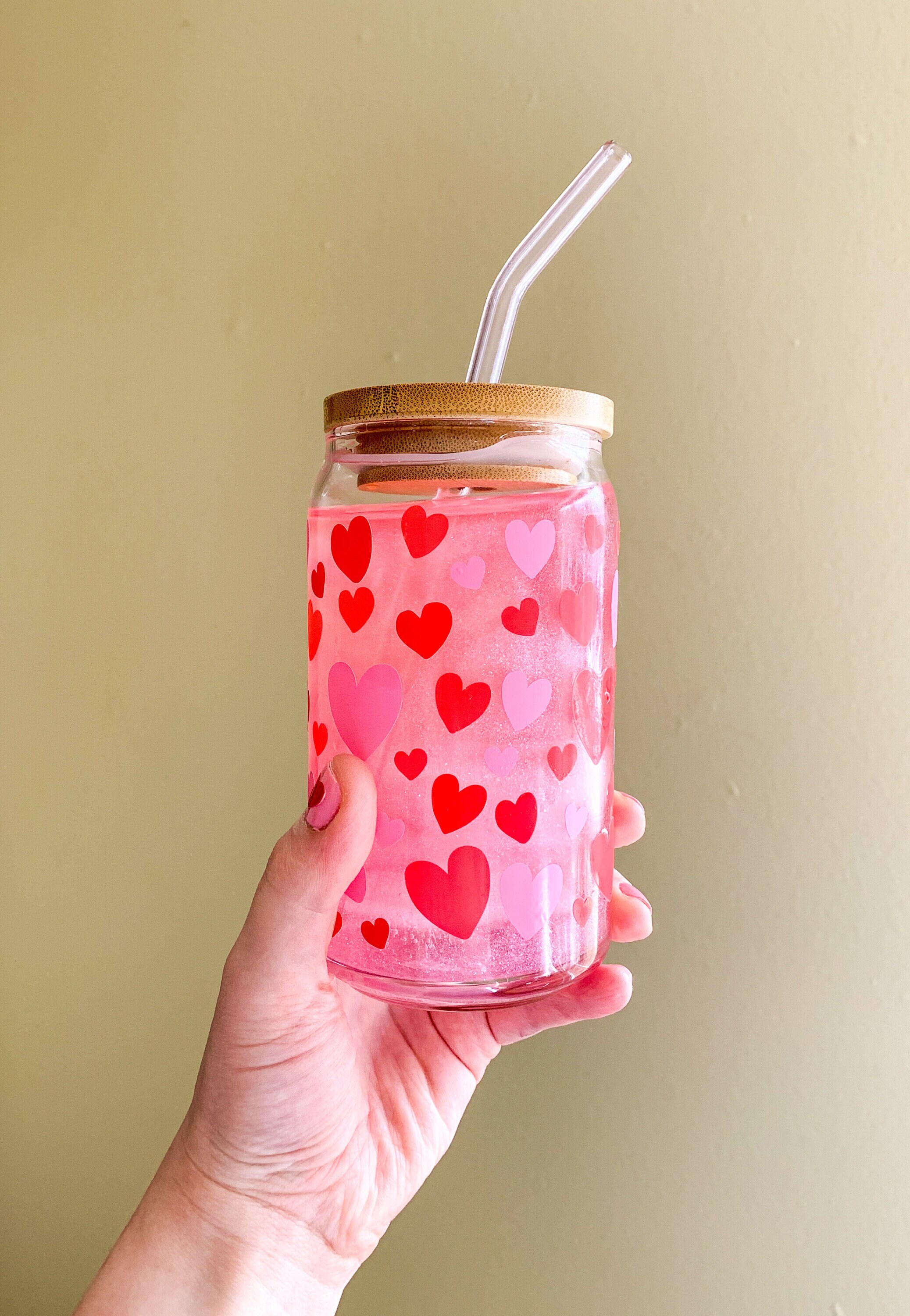 Color Changing Heart Glass Cup | Valentine’s Day Glass Cup | Heart Can Glass | Heart Glass Cup | Trendy Glass Cup | Cute Iced Coffee Glass