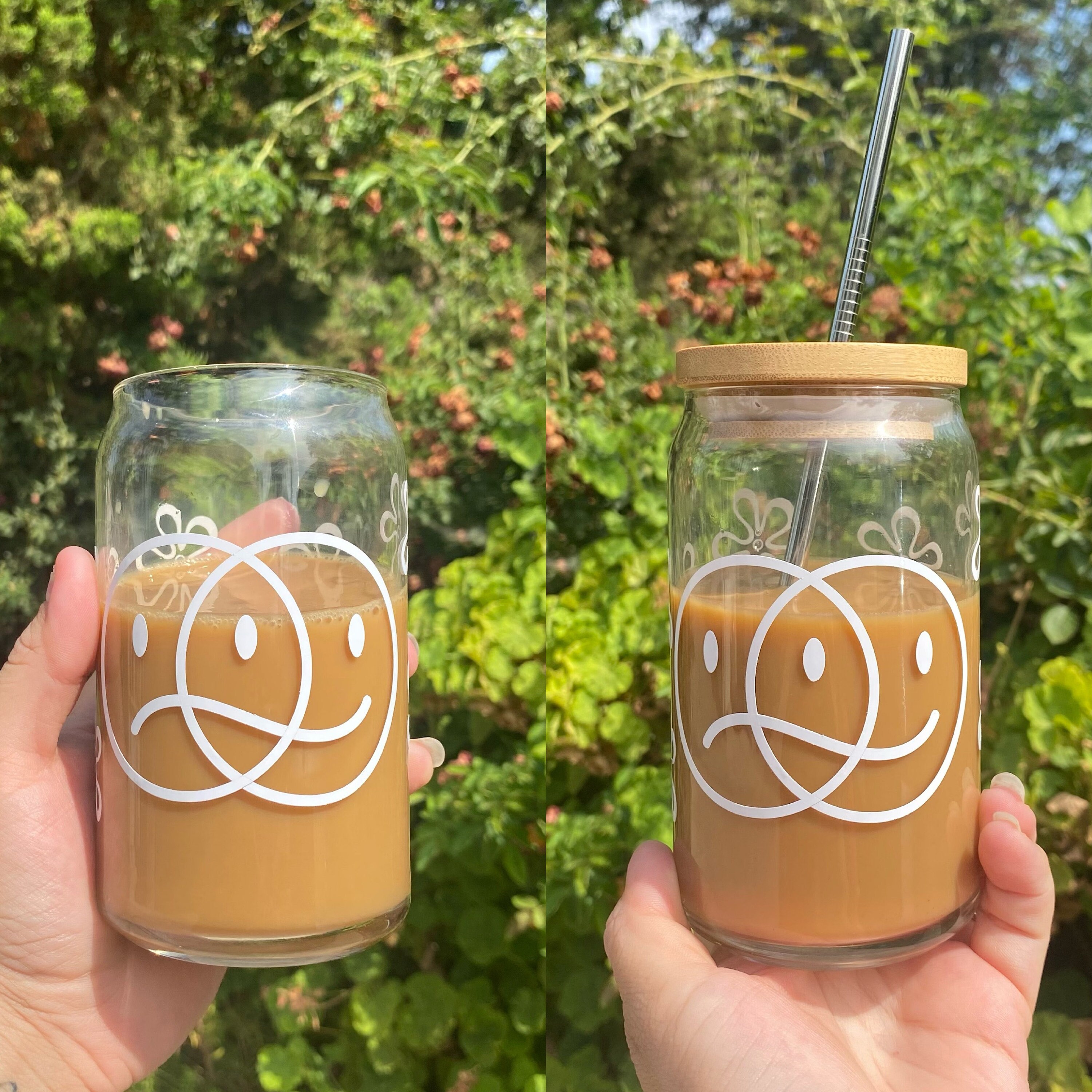 Smiley Face Glass, Beer Glass Can, Flower Cups, Summer Cups, Iced Coffee Cup, Smiley Face Tumbler, Smiley Face Glass Cup, Beer Glass Can Lid