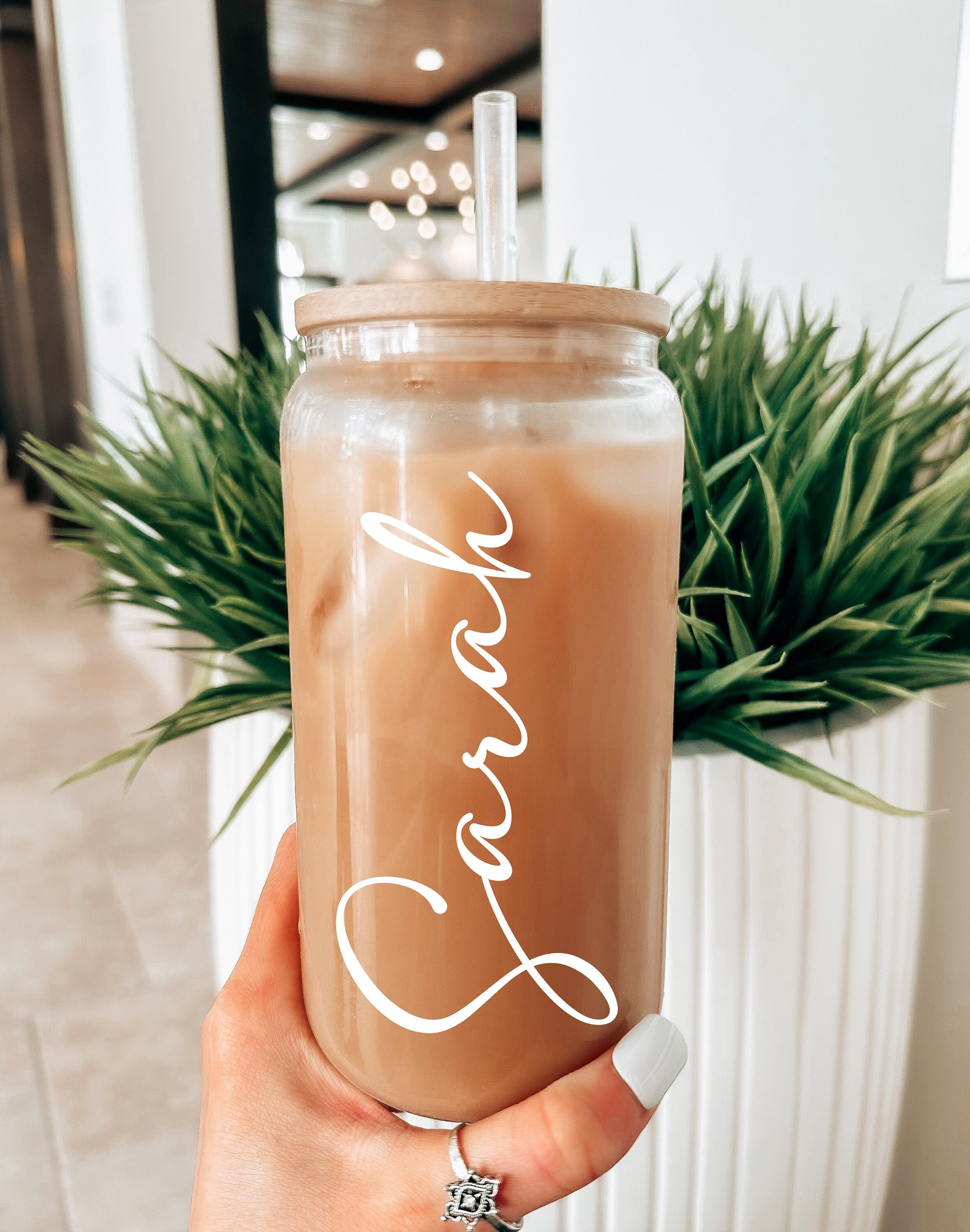 Personalized Iced Coffee Cup, Custom Beer Can Glass with Lid and Straw, Bridesmaid Gift, 16oz Glass Cup, Bridesmaid Proposal Tumbler Gift