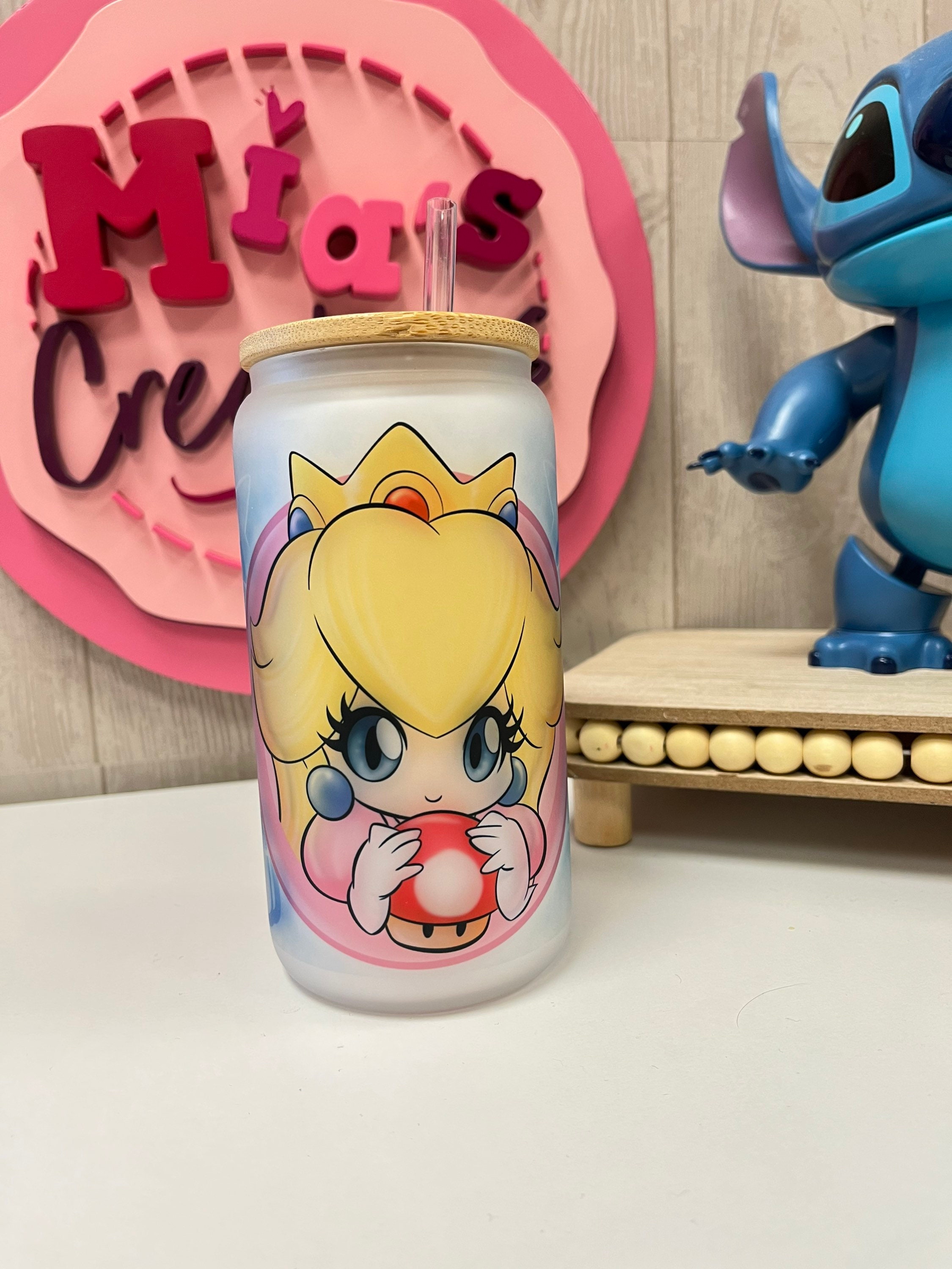 Peach frosted glass can, Super mario glass can, Peach glass can