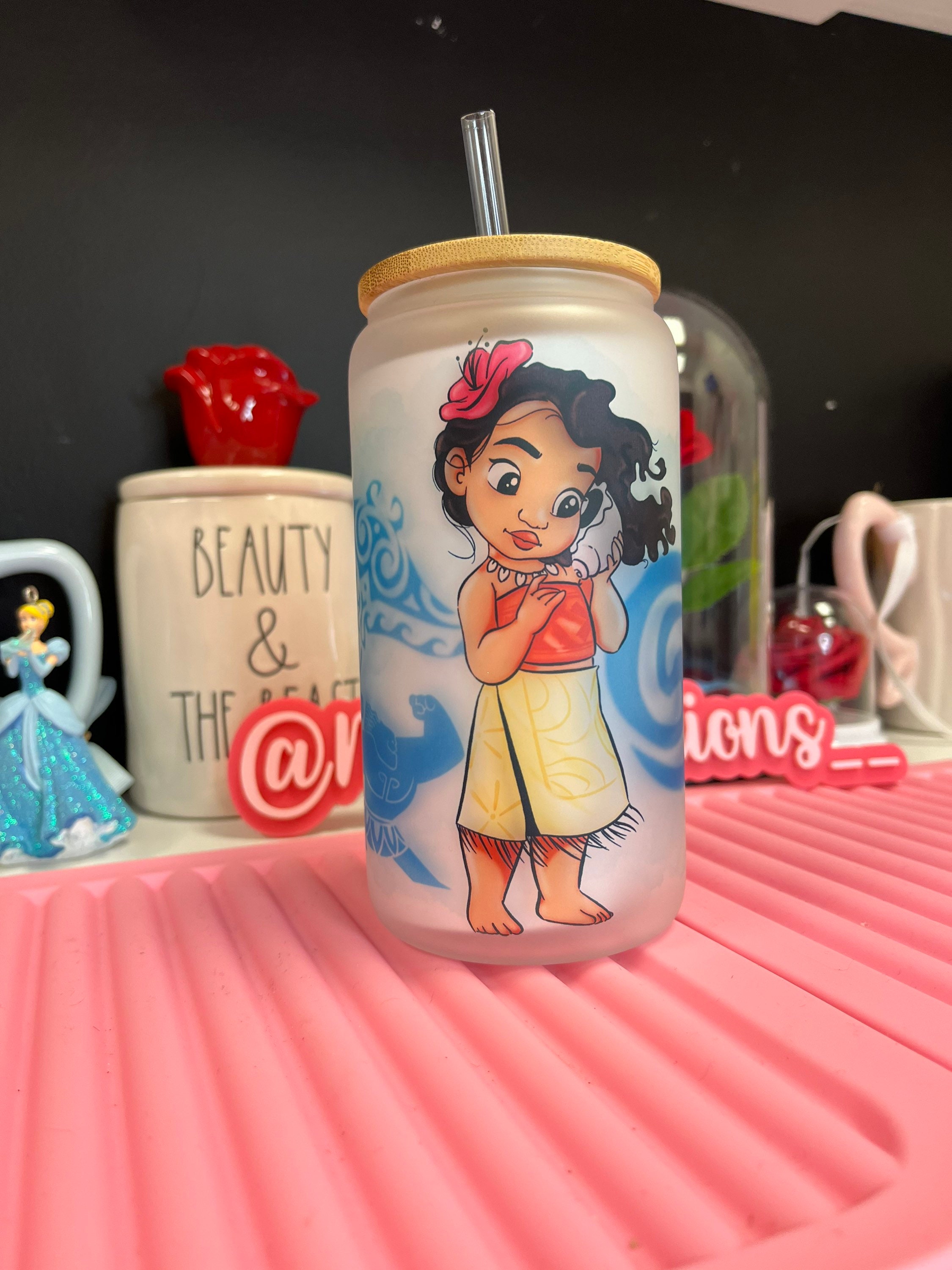 Moana frosted glass can, glass can, Princess glass can