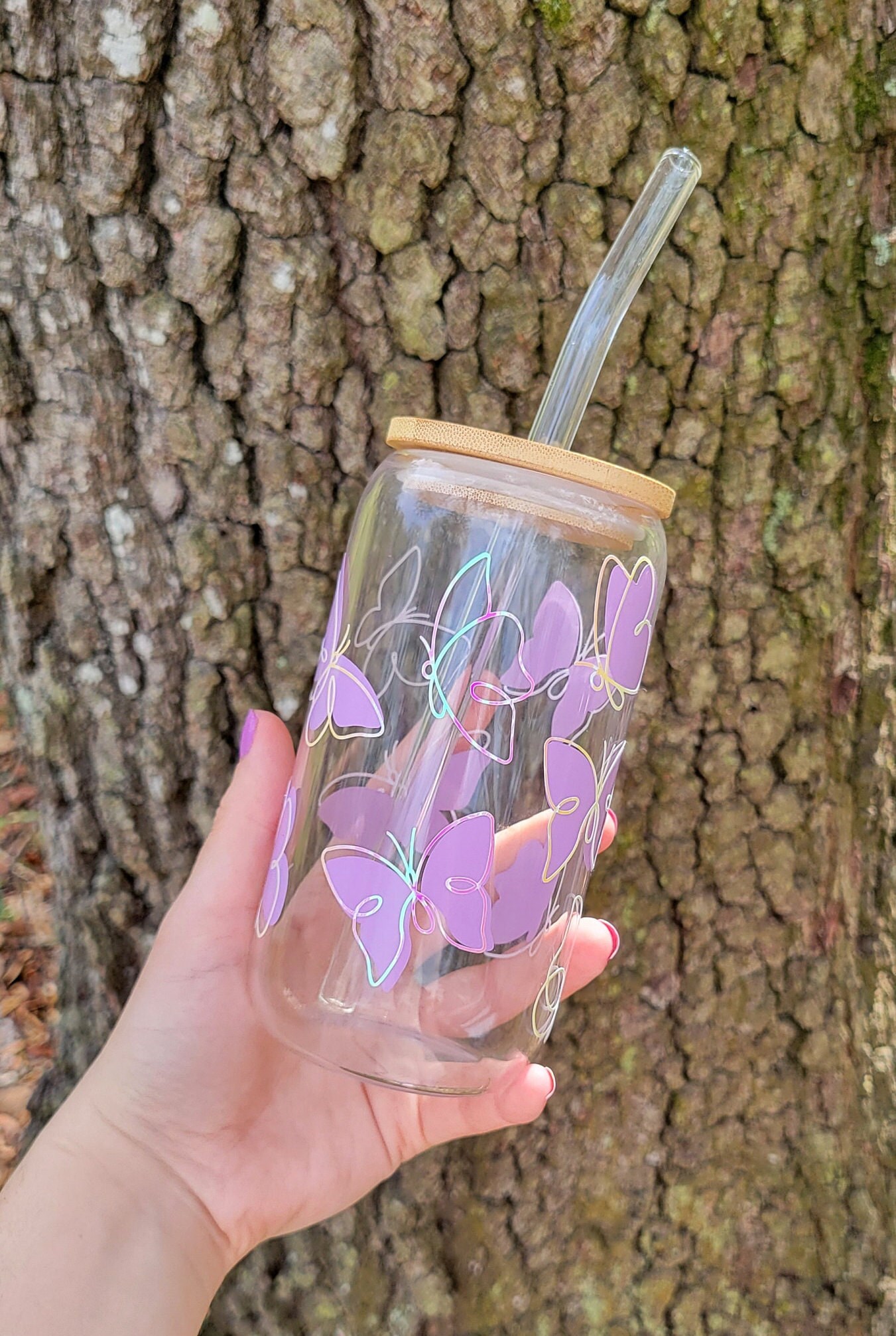 Butterfly Iced Coffee Glass Cup Spring Butterfly Gift For Butterfly Lover, Spring Aesthetic Beer Can Glass Butterfly Glass Coffee Cup Clear