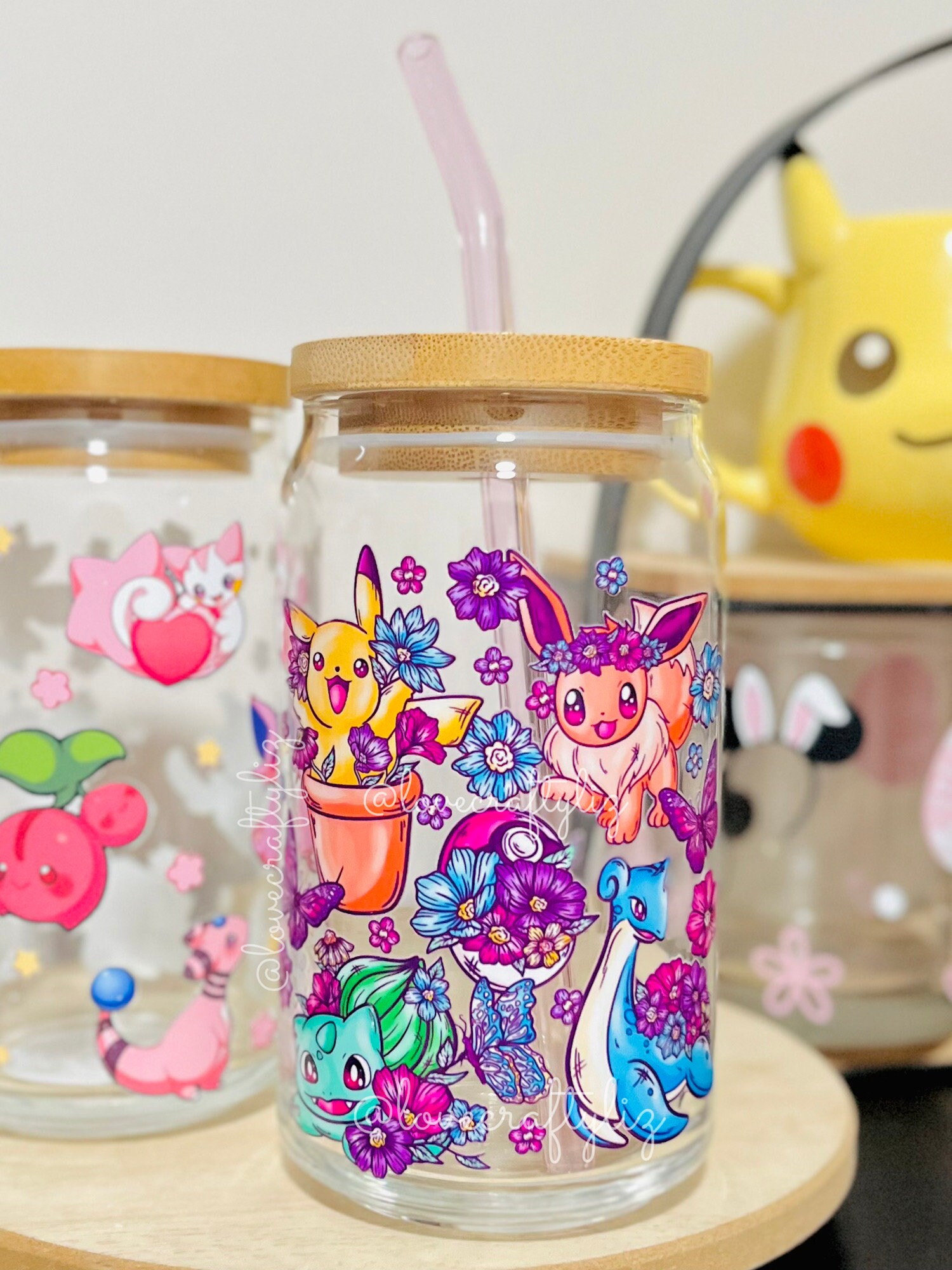 Poke Spring Pocket Monsters 16oz Beer Can Glass | Iced Coffee | Smoothie | Gift | Daisies | Eeveelutions | POGO| Eevee Pikachu PKMN