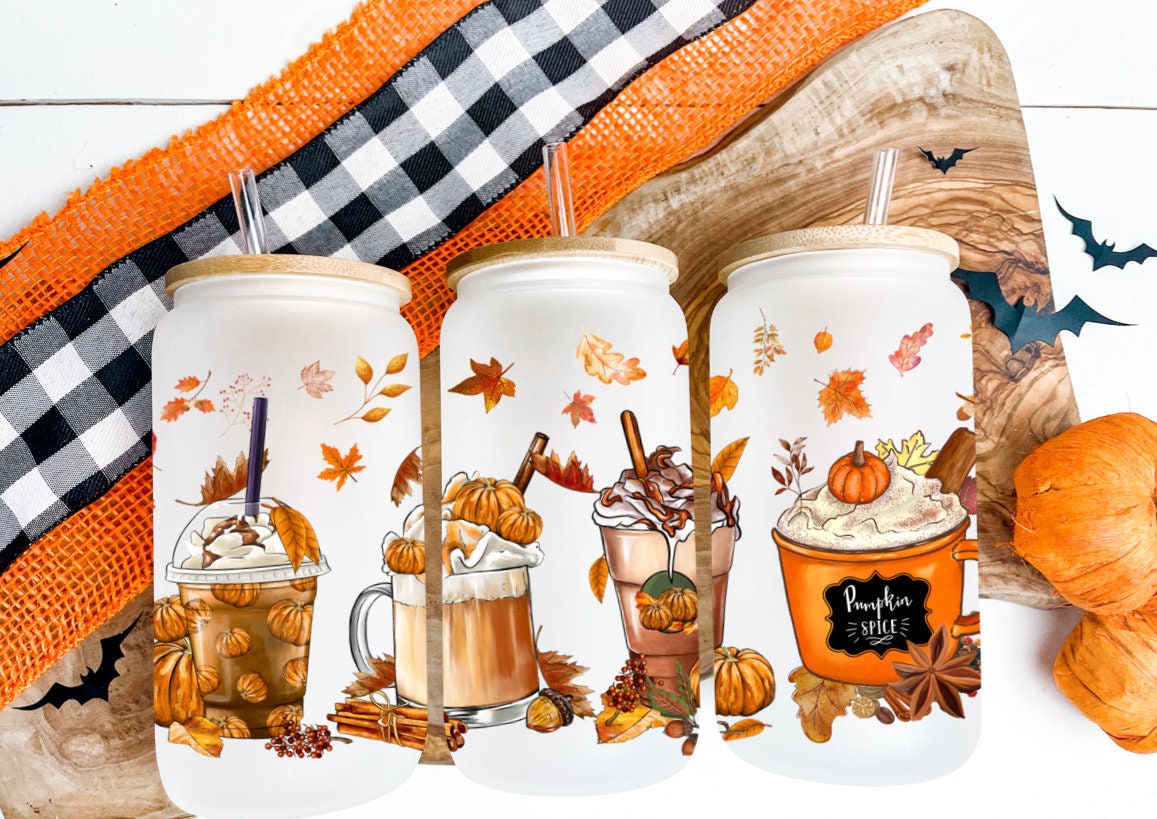 Pumpkin Spice Beer can glass, sublimation glass, Halloween beer can glass, libbey glass, bamboo lid, iced coffee glass