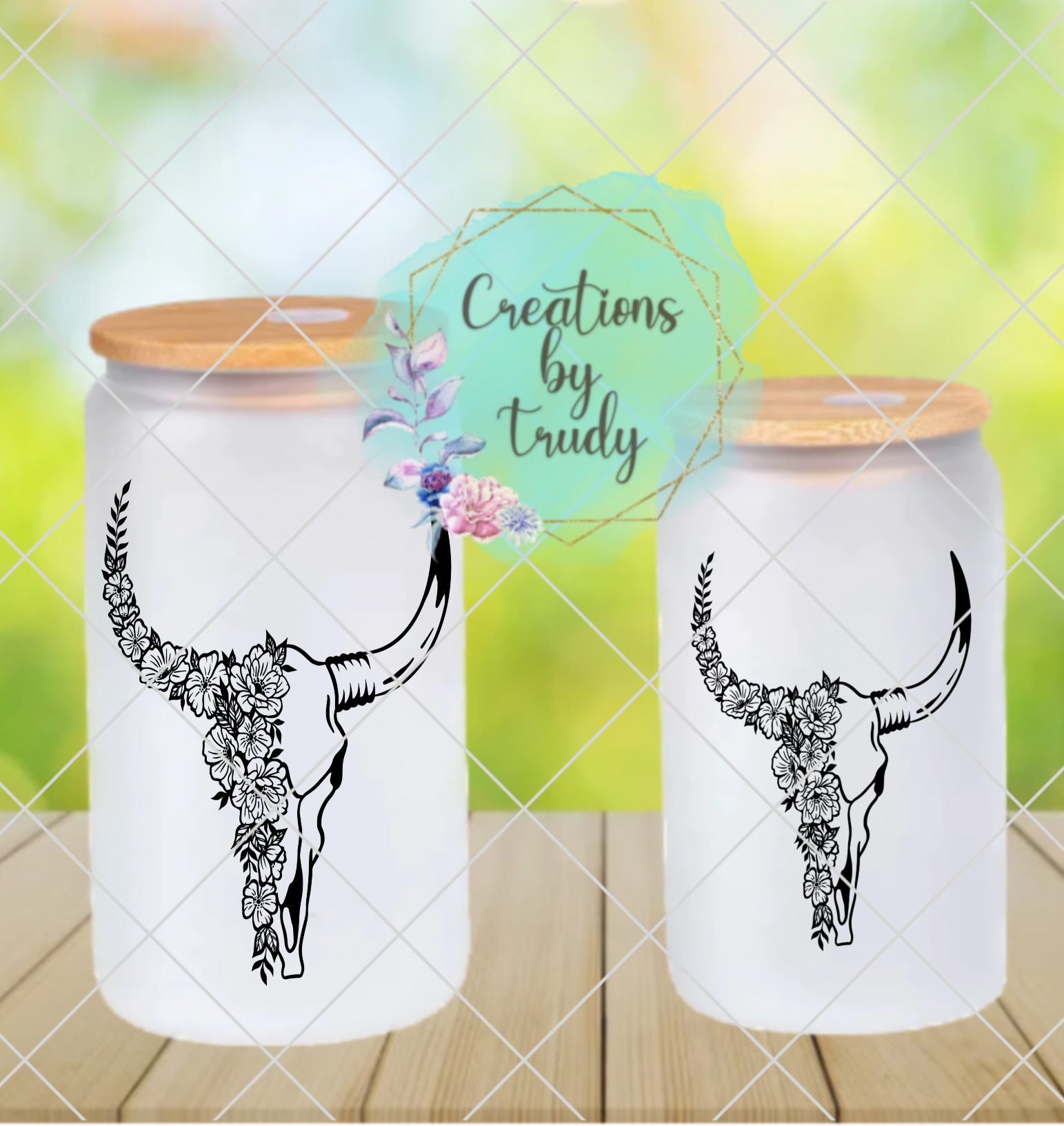 Steer skull split floral- frosted can shaped glass with lid and straw