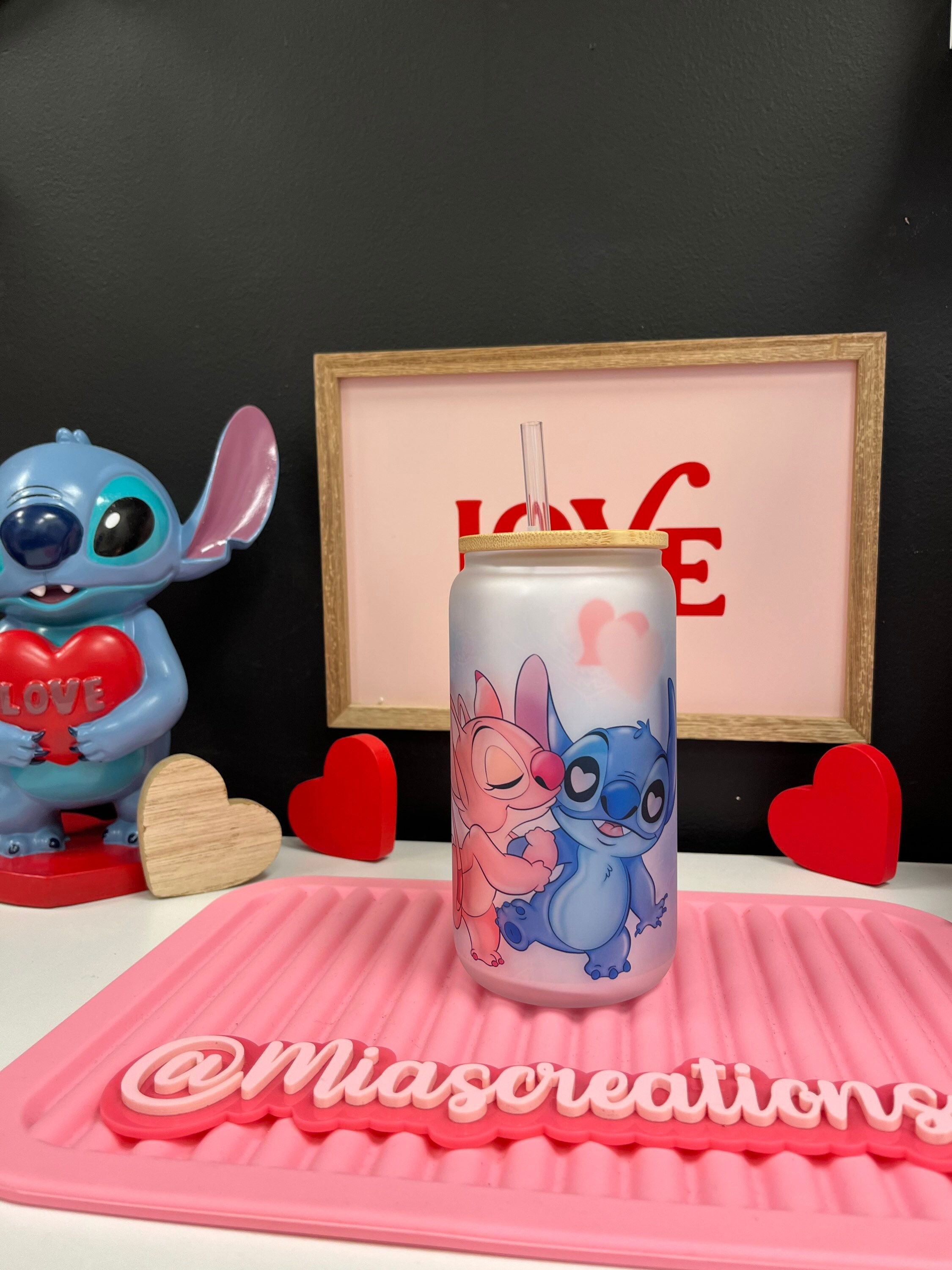 Stitch and Angel Valentines frosted glass can, glass can custom, Valentines glass can