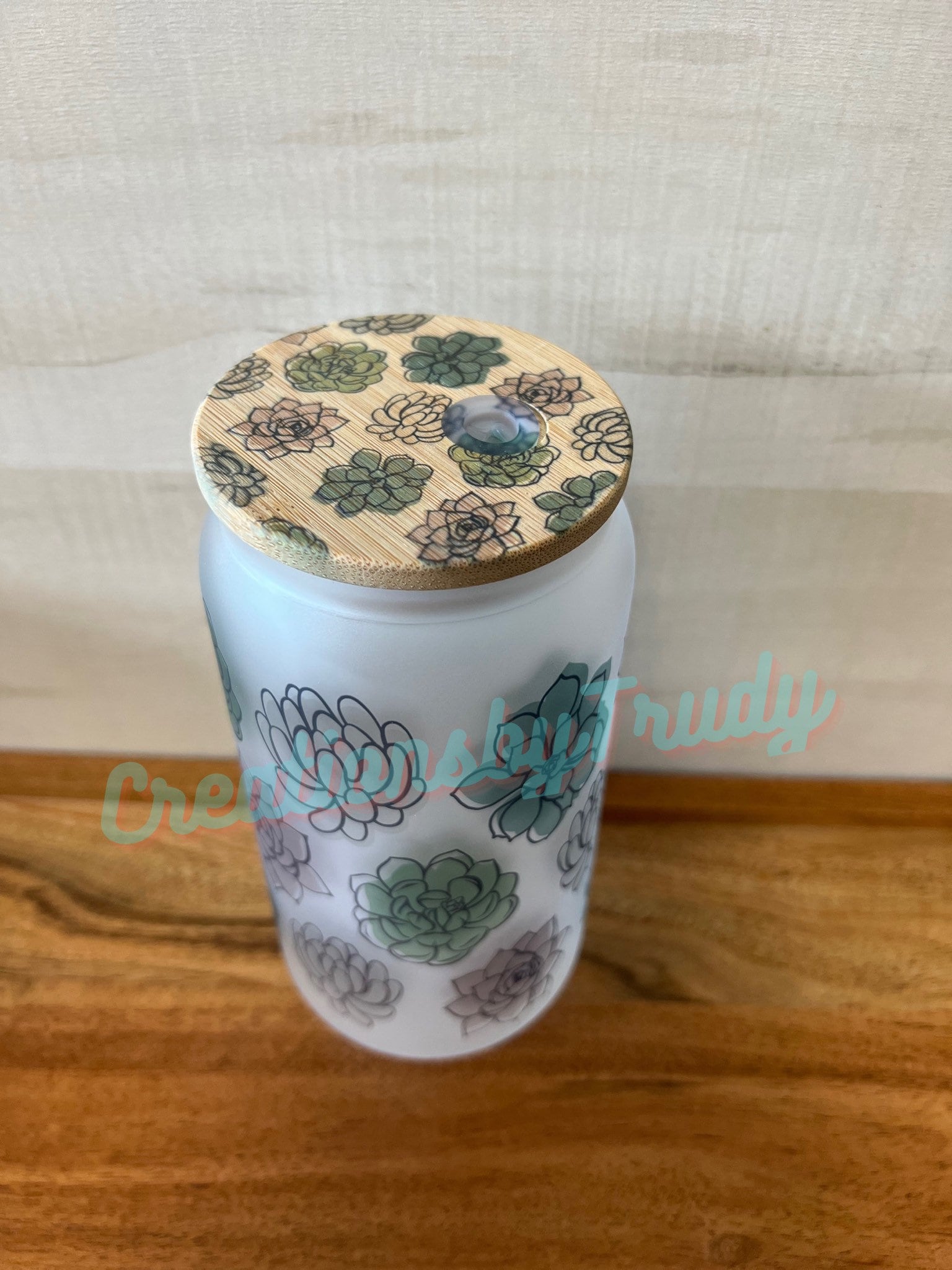 Succulents – frosted can shaped glass with printed lid and straw