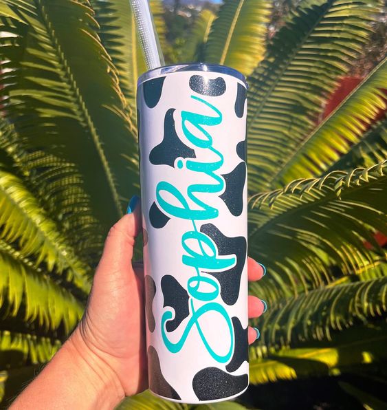 Glitter Cow Print Custom Tumbler, Skinny Stainless Steel Tumbler