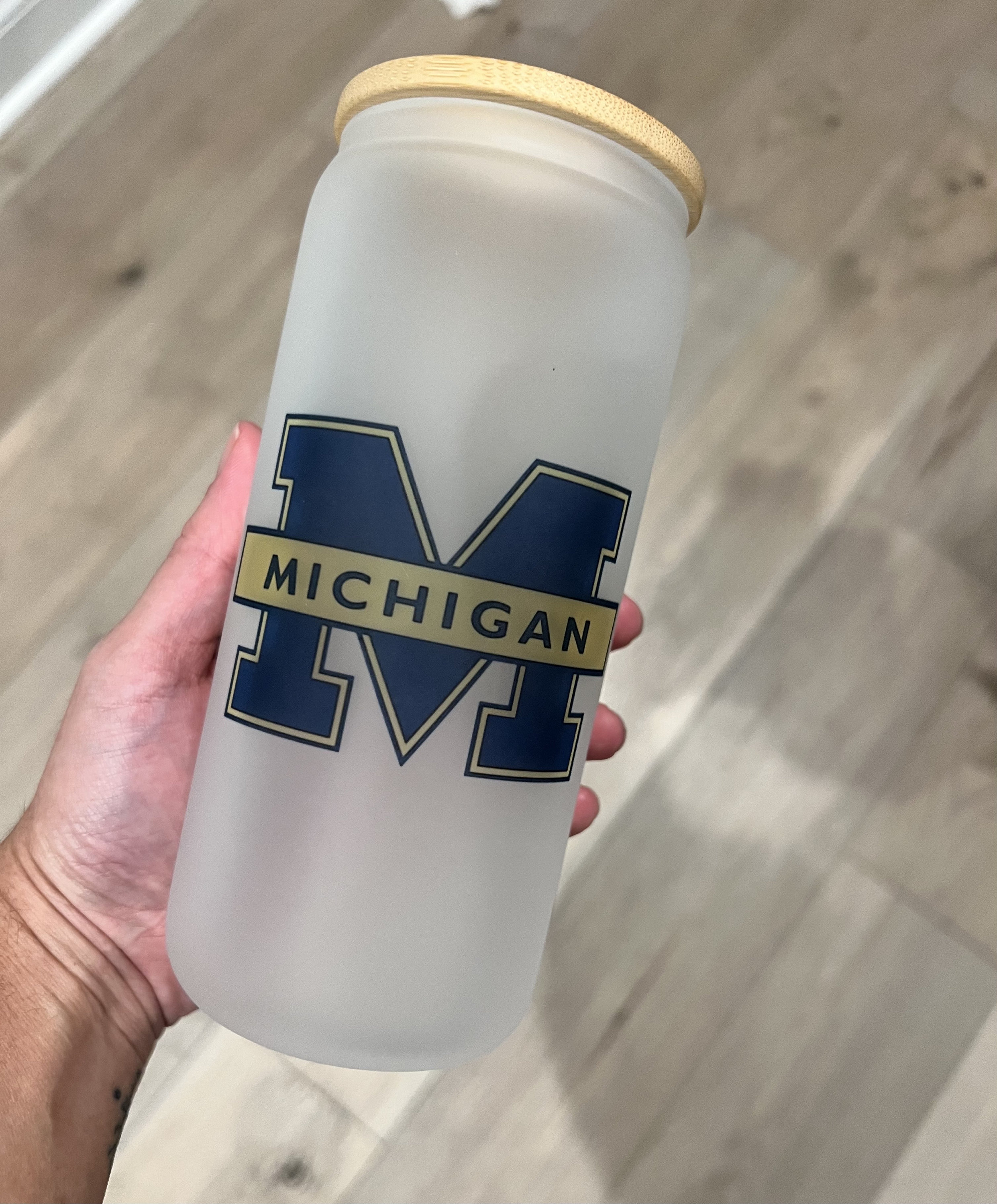 Michigan Sports Tumbler | Trendy | Beer Can | Iced Coffee Cup | Glass Can | Glass Cup with Lid and Straw | Gifts for Women and Men