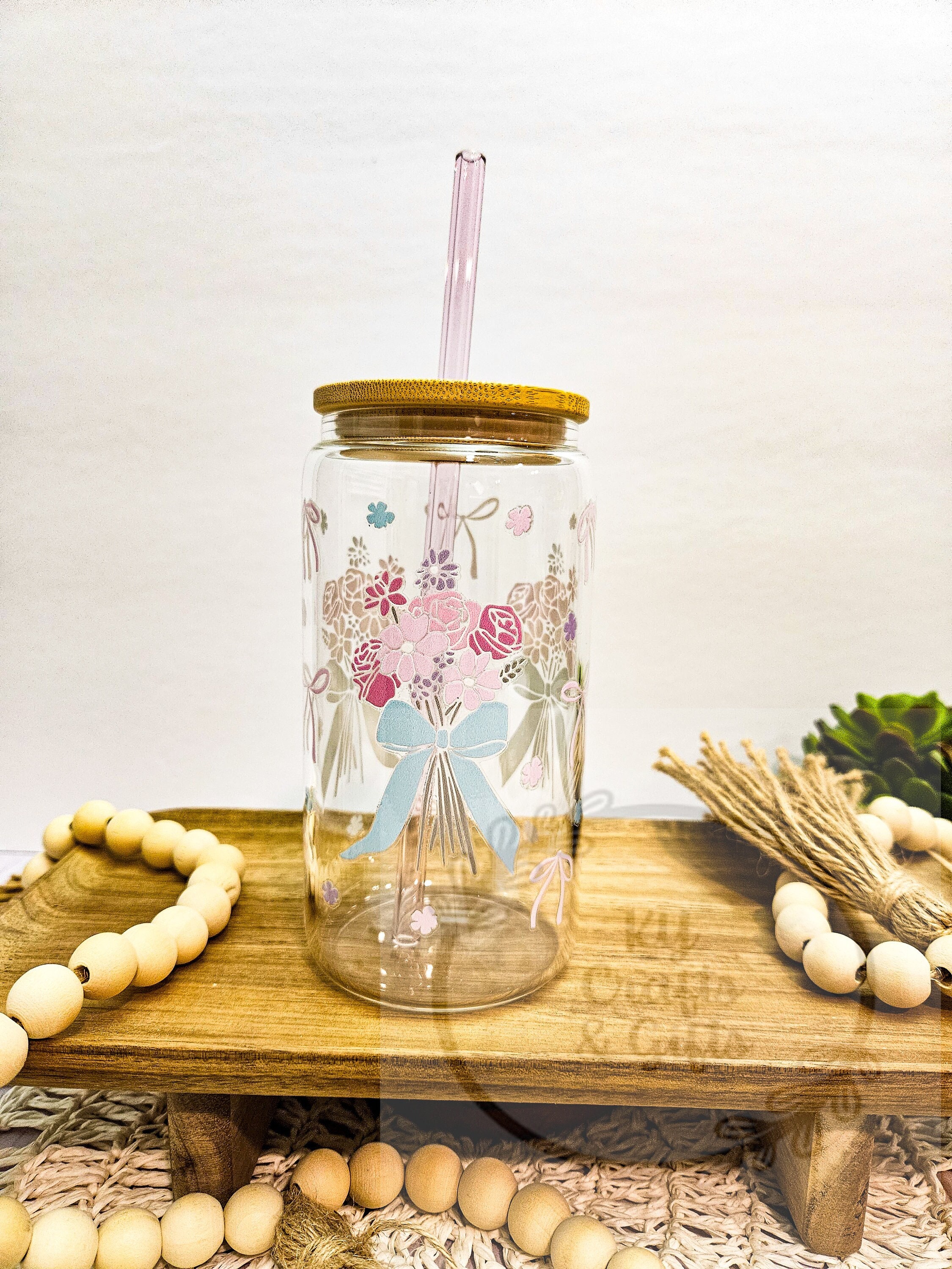 Coquette Glass Cup, Pink Bow Tumbler, Soft Girl Era, Balletcore, Grand Millennial, Iced Coffee Glass Can, Gift for Mother’s Day, Pink Flower