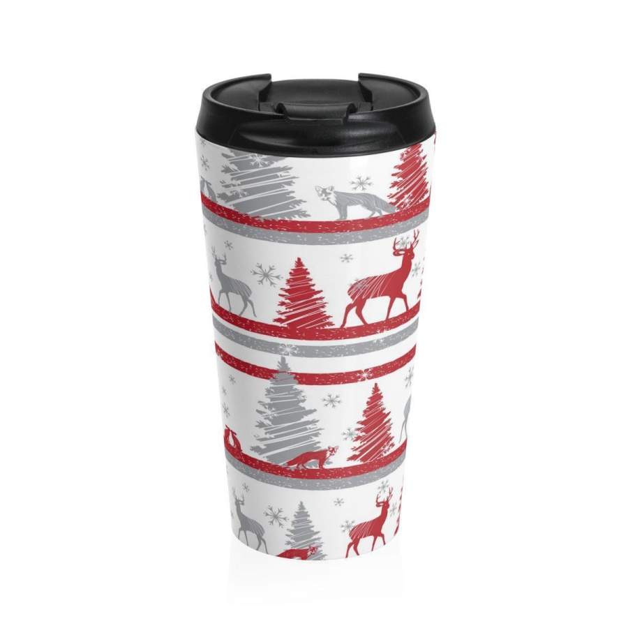 Stainless Steel Travel Mug, Christmas Reindeer Holiday Tree Travel Mug, All Over Print Steel Mug, 15 Ounce Tumbler, 15oz Coffee Tea Cup