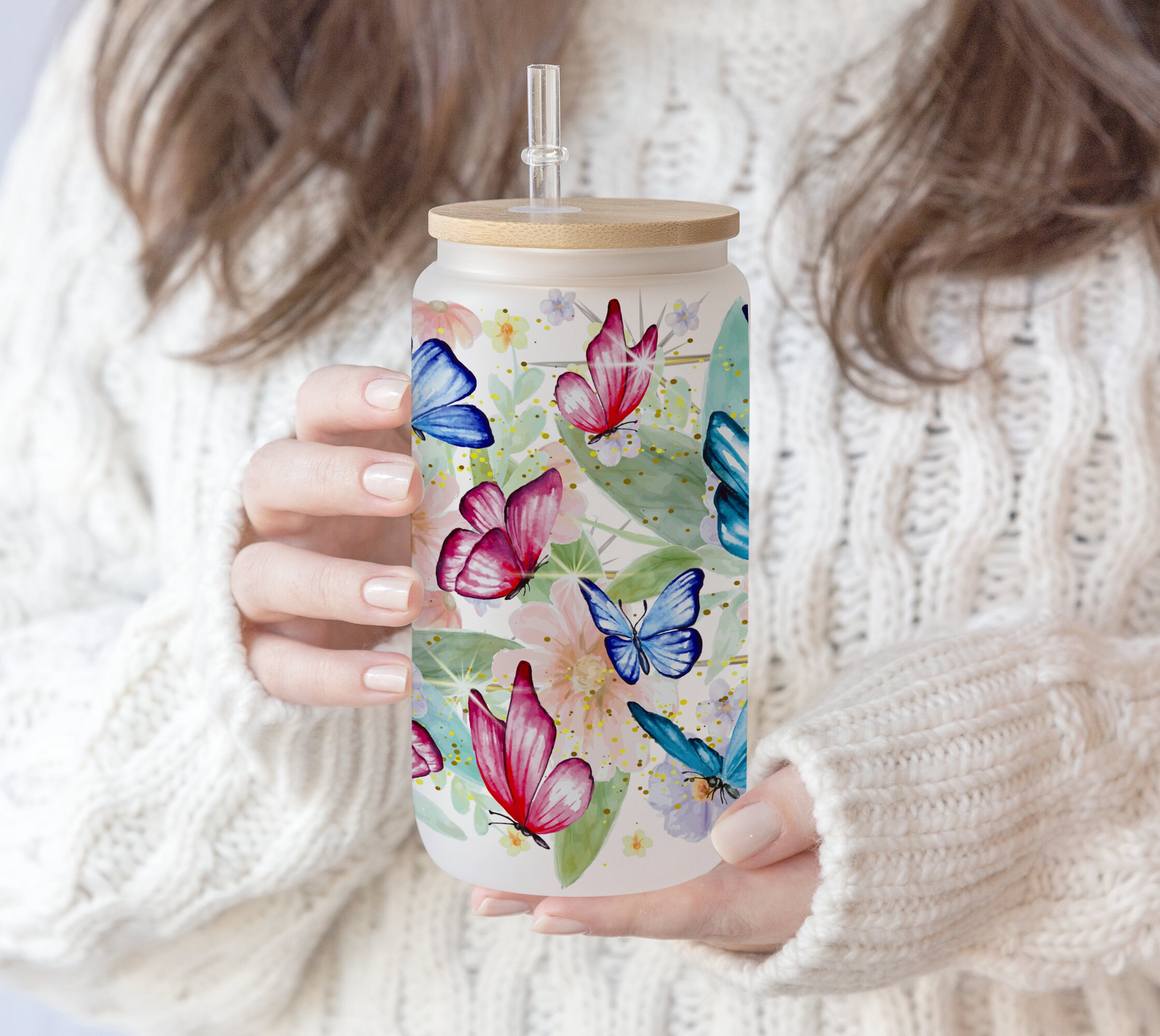 3 Files 16 oz Libbey Glass Can Tumbler Sublimation Design Butterfly Sunflower gift for Mom Floral Tumbler Wrap Blue butterflies pen wrap