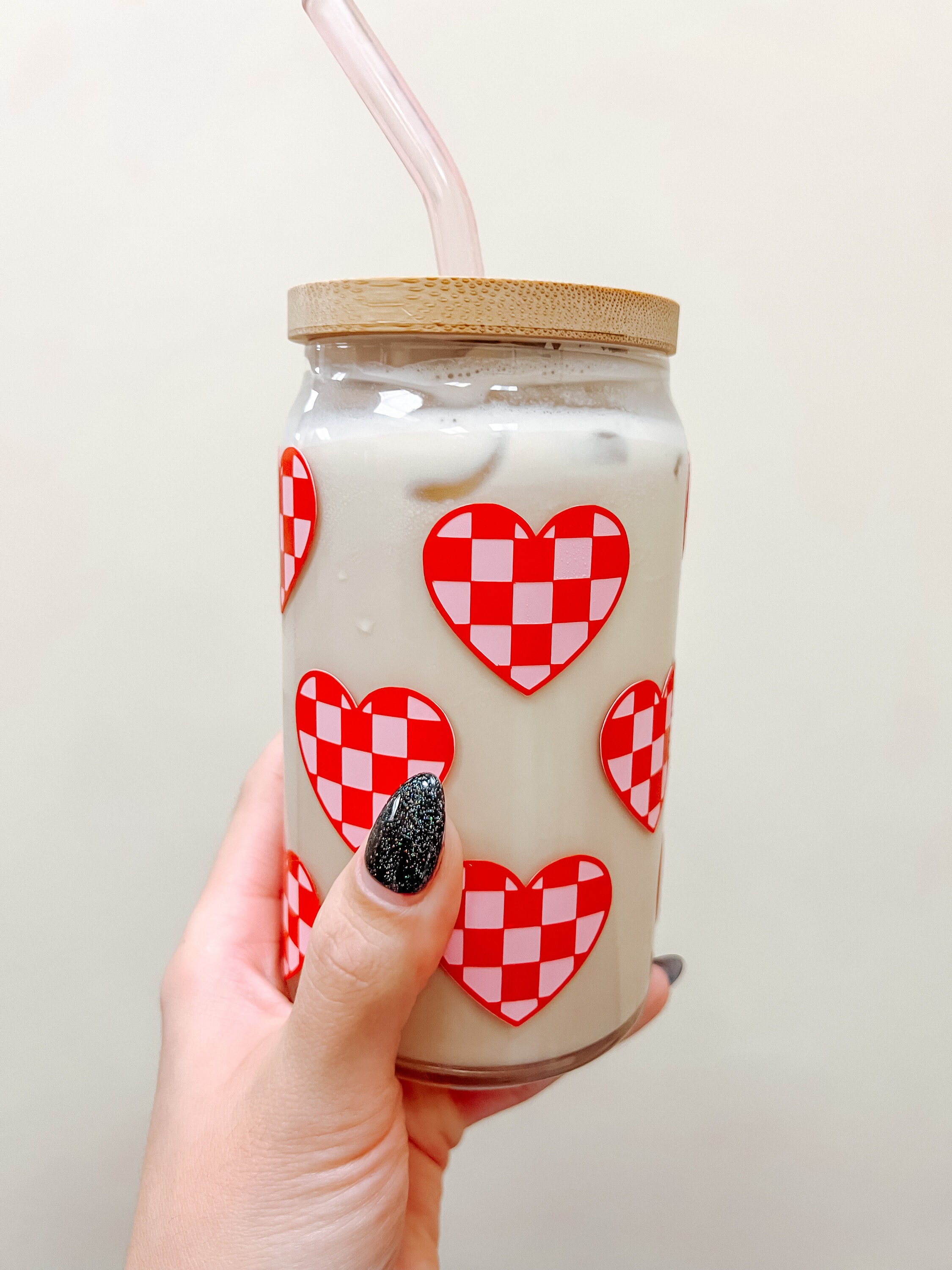 Retro Checkered Hearts Beer Can Glass | Valentines Day Coffee Glass | Gift for Her | Valentines Gift | Iced Coffee Glass