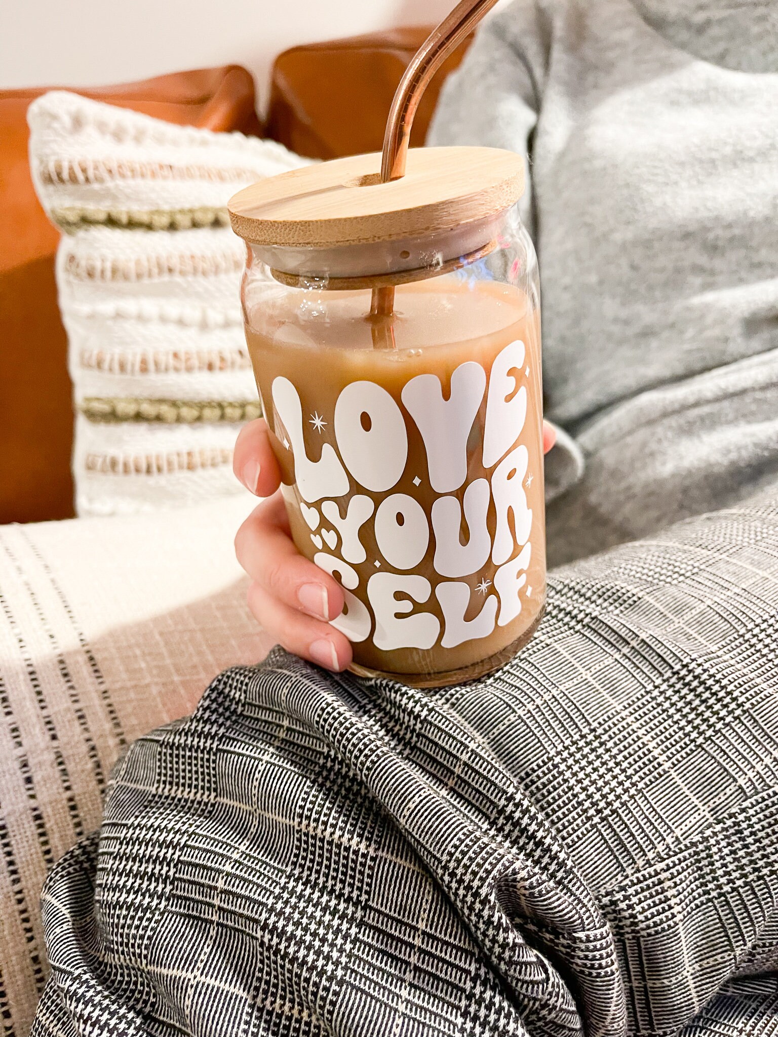 Love Yourself  Can Glass, Personalized Gift, Holiday Gift, Ice Coffee Drink, Tea Lover Gift, Coffee Lover, Mental Health Awareness