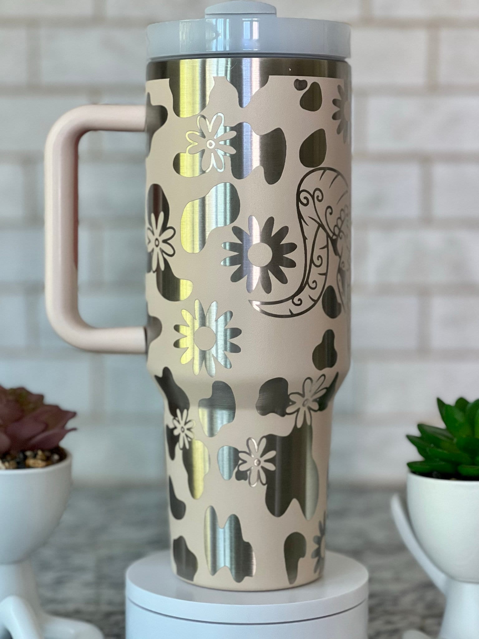 Boho Skull and Flowers Laser Engraved 40oz Tumbler with Handle Lid & Straw, Custom Engraved Seamless Tumbler, Double Wall Insulated Cup