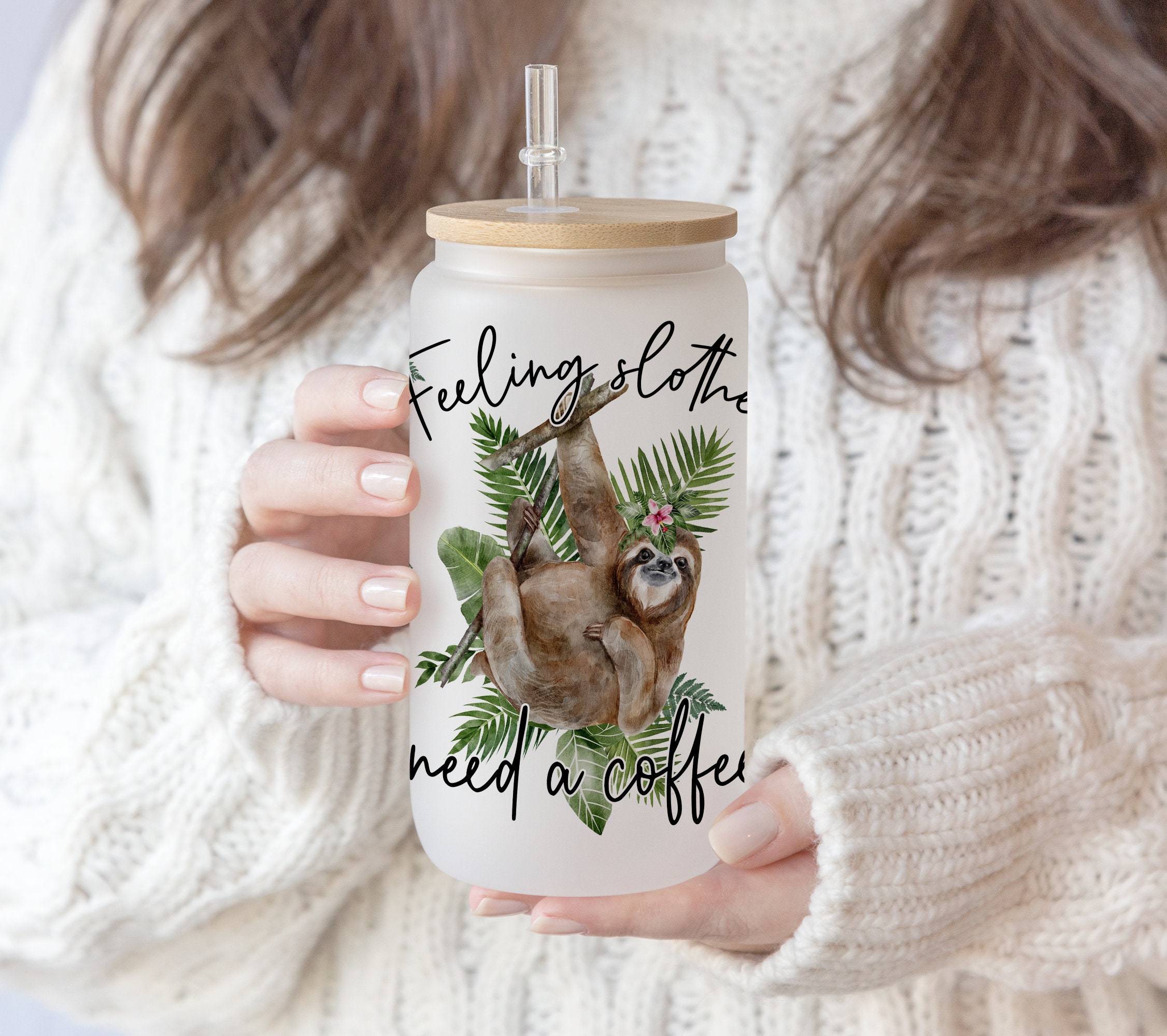 16 oz Libbey Glass Can Tumbler Sloth png, Sloth glass can, Sloth Printable wrap Waterslide digital png template ,Sloth need coffee design