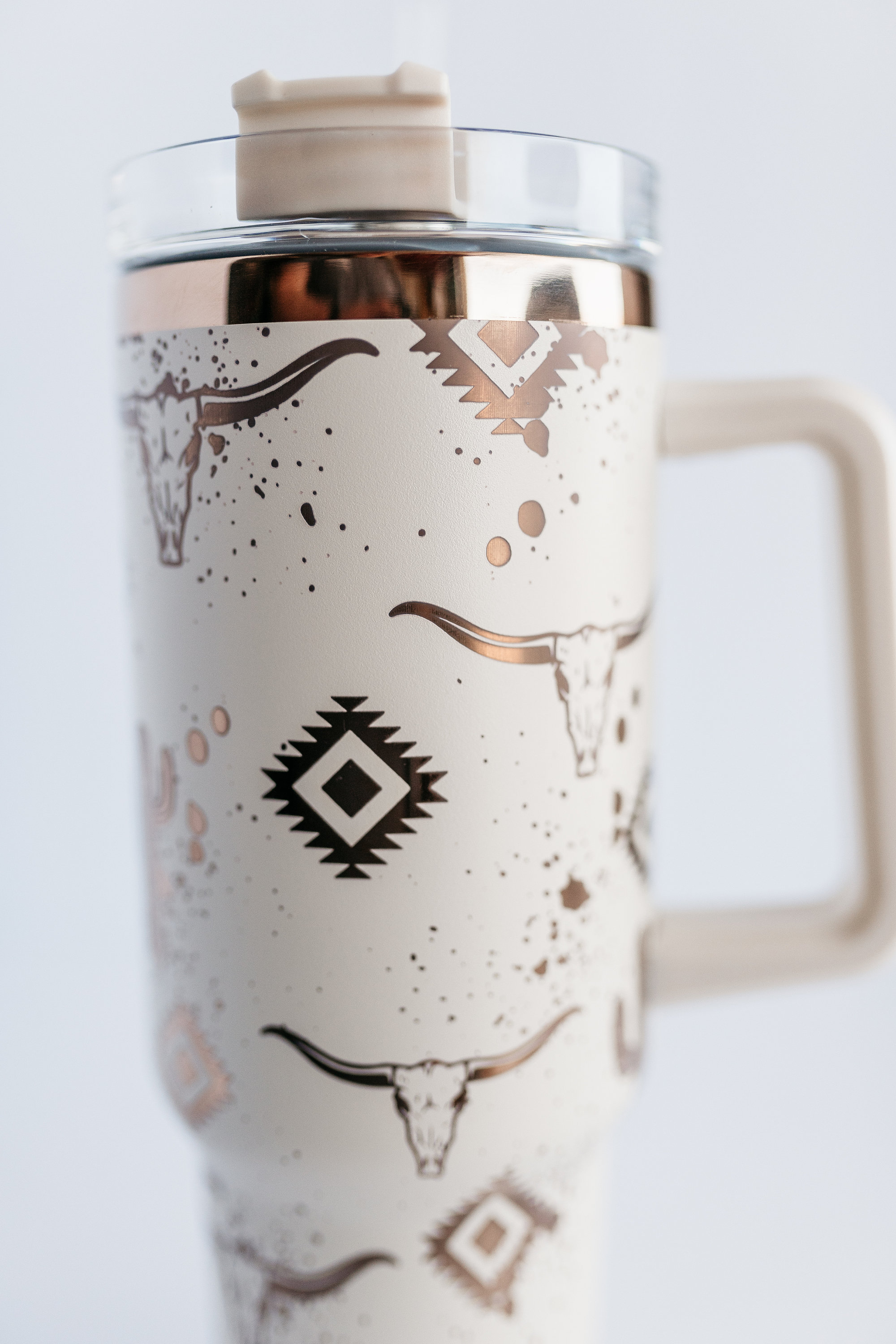 White/Black/Rainbow  or Cream/Copper Engraving 40oz Tumbler | South Western Aztec Desert Cactus Bull Skill Design