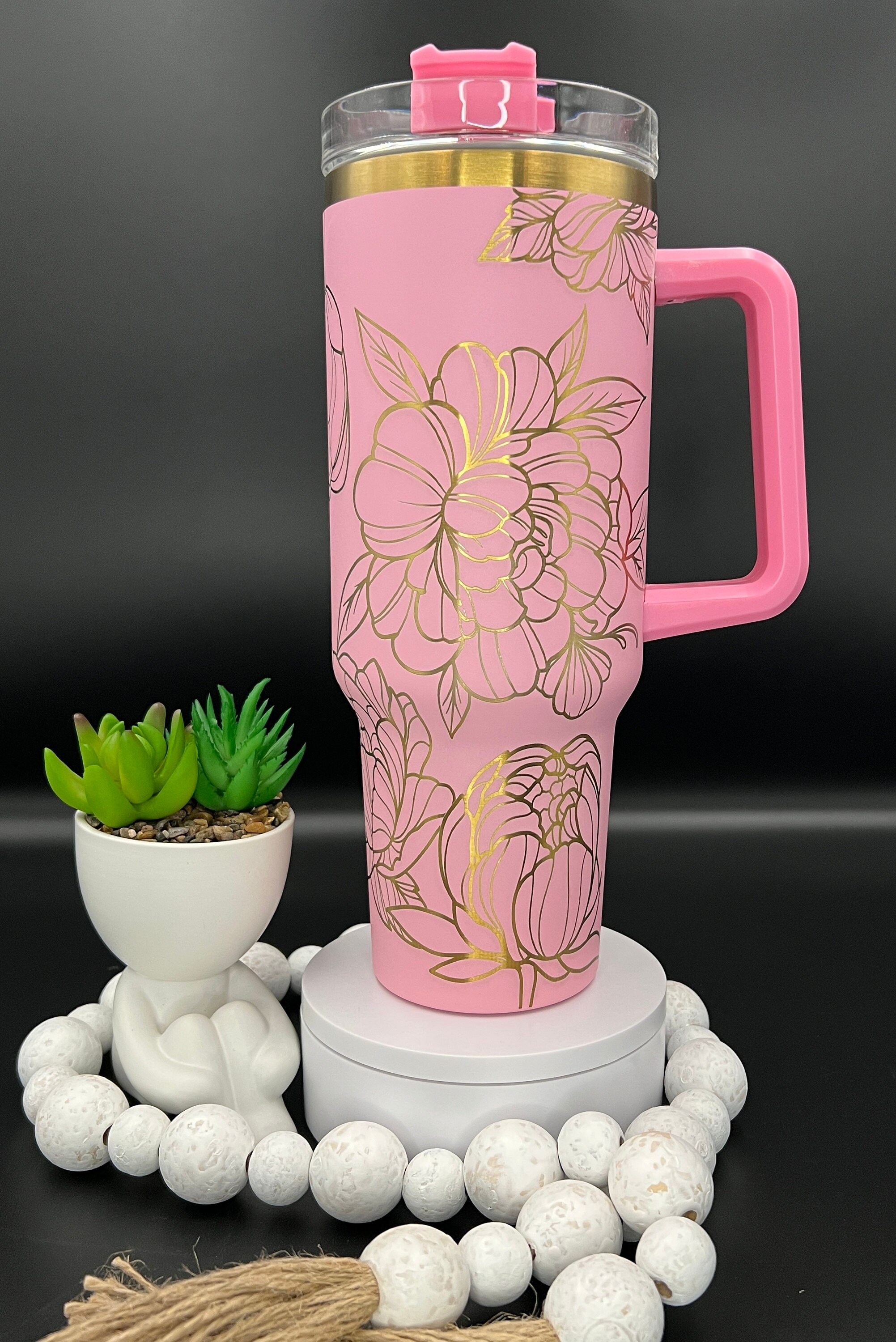 Peonies Laser Engraved 40oz Tumbler with Handle Lid & Straw, Custom Engraved Tumbler Full Wrap Seamless Design, Double Wall Insulated Cup