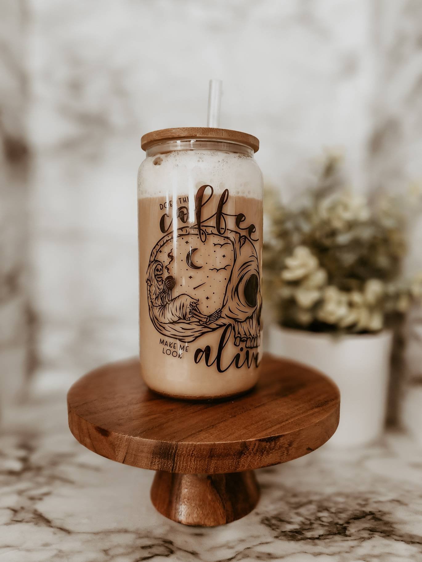 Does This Coffee Make Me Look Alive Cup with Lid and Straw, Skull Drink Cup,  Clear Glass Mug, Glass Can, Boba Tea Iced Smoothie Tumbler