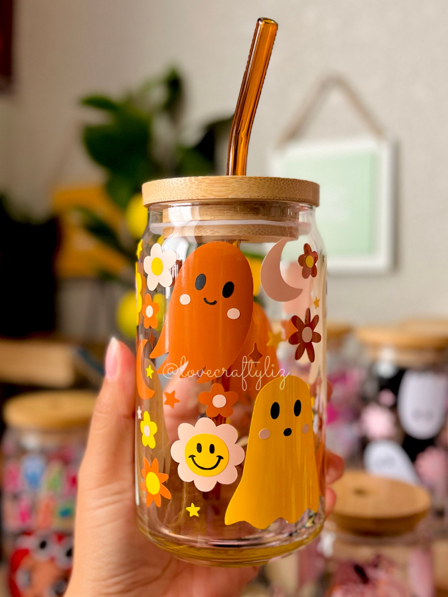 Boho Floral Ghosts 16 oz Libbey Beer Can Glass | Halloween | Spooky Cup | Iced Coffee | Daisies | Bats | Pumpkins| Witchy | Groovy Retro