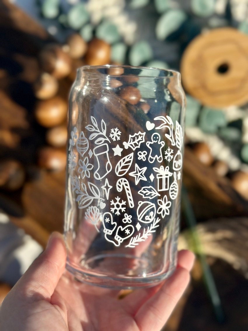 Christmas beer can glass,  libbey glass, personalized gift, Christmas gift, iced coffee cup, engraved bamboo lid and glass straw