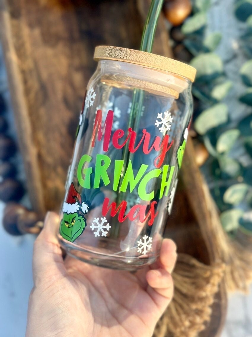 The Grinch beer can glass, Merry Grinchmas, libbey glass, Christmas gift, iced coffee cup, engraved bamboo lid and glass straw