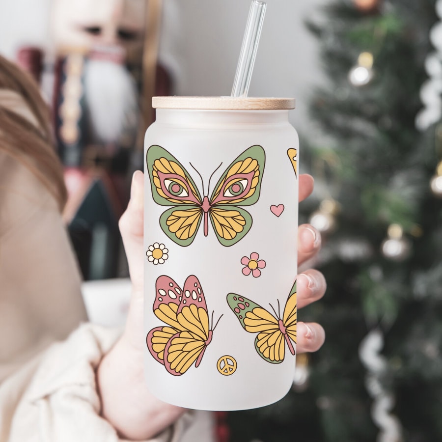 Pastel Butterflies Beer Can Glass | Spring Coffee Cup | Butterflies Pastel Coffee Glass | 16oz Libbey Glass | Coffee Glass | Gift for Her