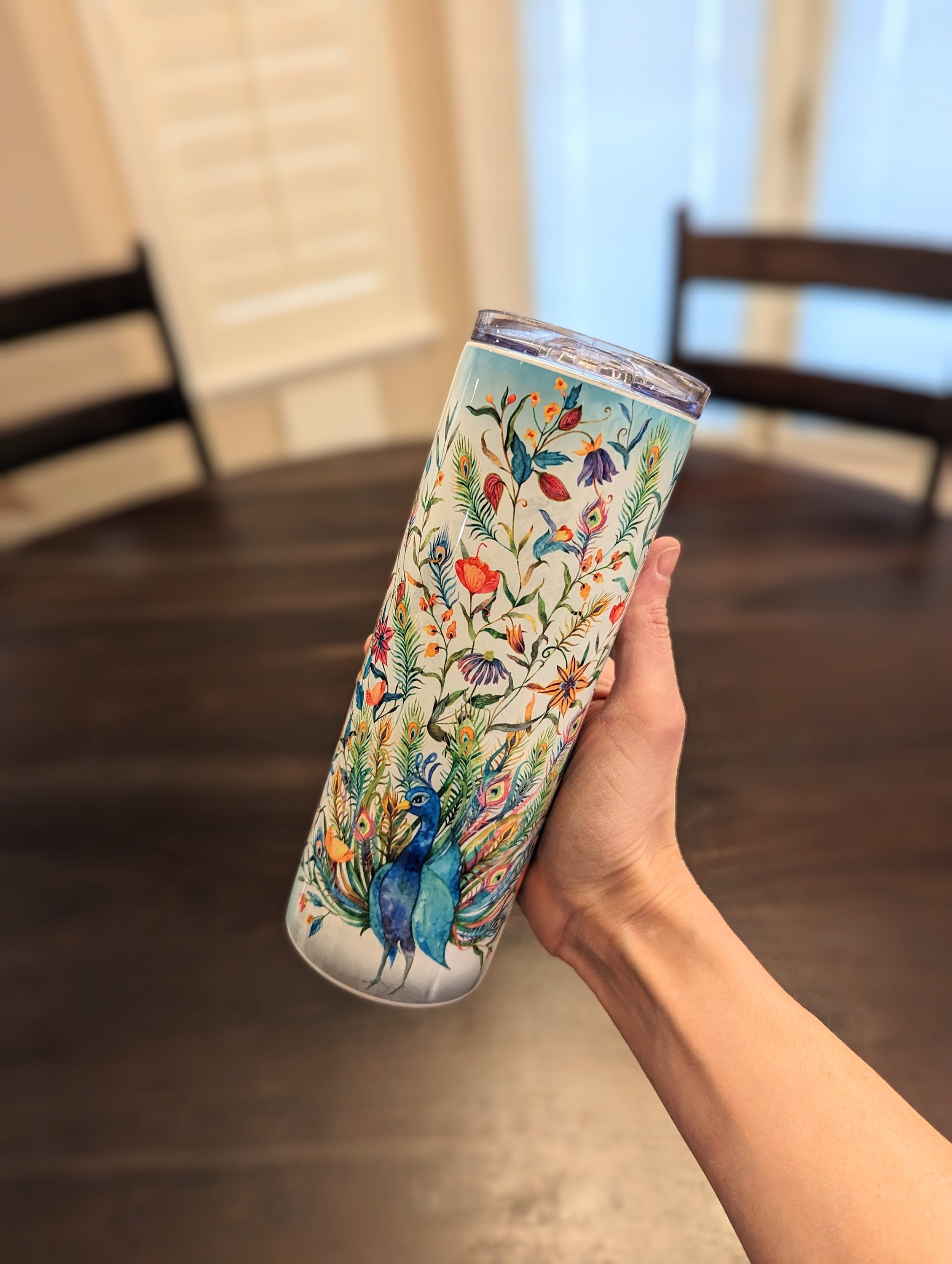 Peacock Tumbler | Peacock Cup | Peacock and Flowers Travel Tumbler