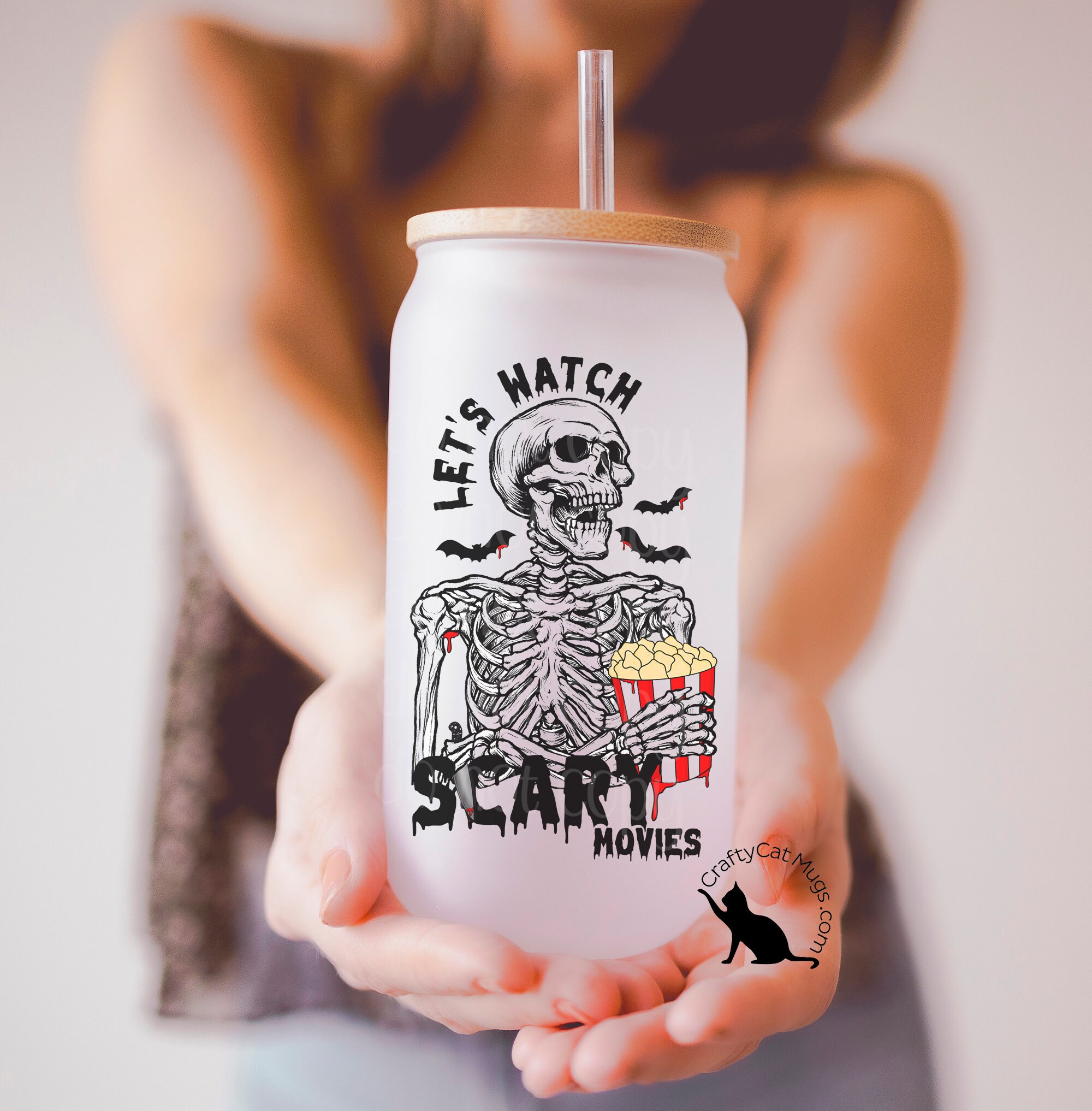 Let’s Watch Scary Movies Glass Cup | Personalized Cup | Skeleton Glass