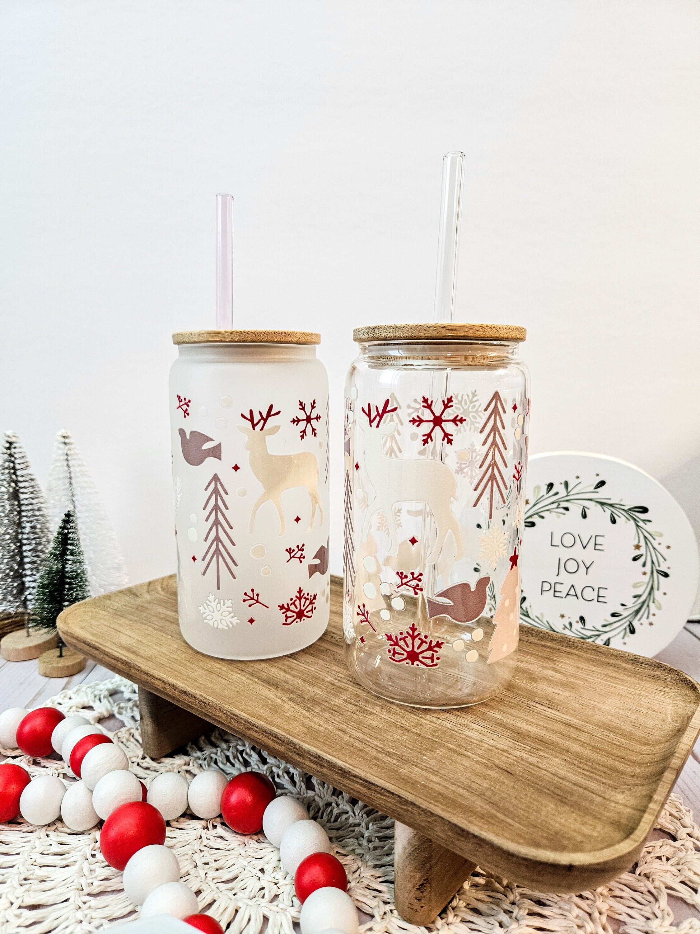 Winter Wonderland Glass Cup, Neutral Winter Cup, Iced Coffee Glass Cup with Lid, Aesthetic Coffee Cup, Gifts under 30, Beer Can Glass Cup