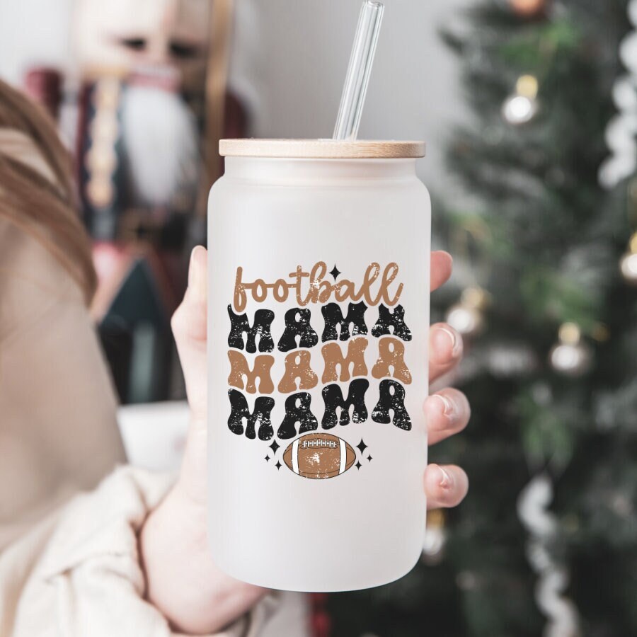 Football Mama Ber Can Glass | Frosted Can Tumblers | Football Mom Cup | Game Day Mug | Football Gift | Iced Coffee Cup | Football Mama Mug