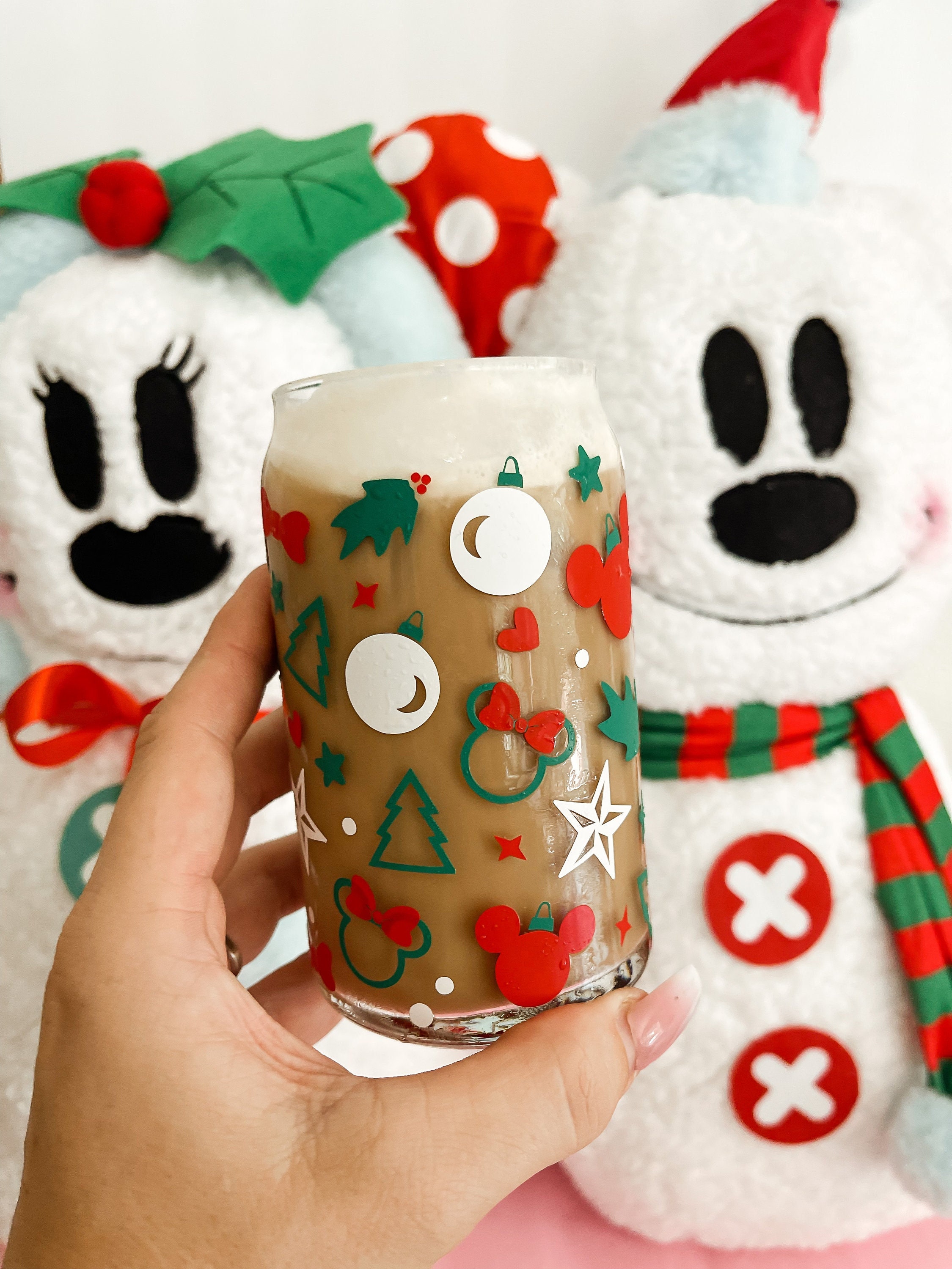 Christmas Coffee Glass, Mouse Ears Iced Coffee Glass, Can Glass, Beer Can Glass, Christmas Tumbler, Coffee Glass, Cup Lid Straw, Parks Gift