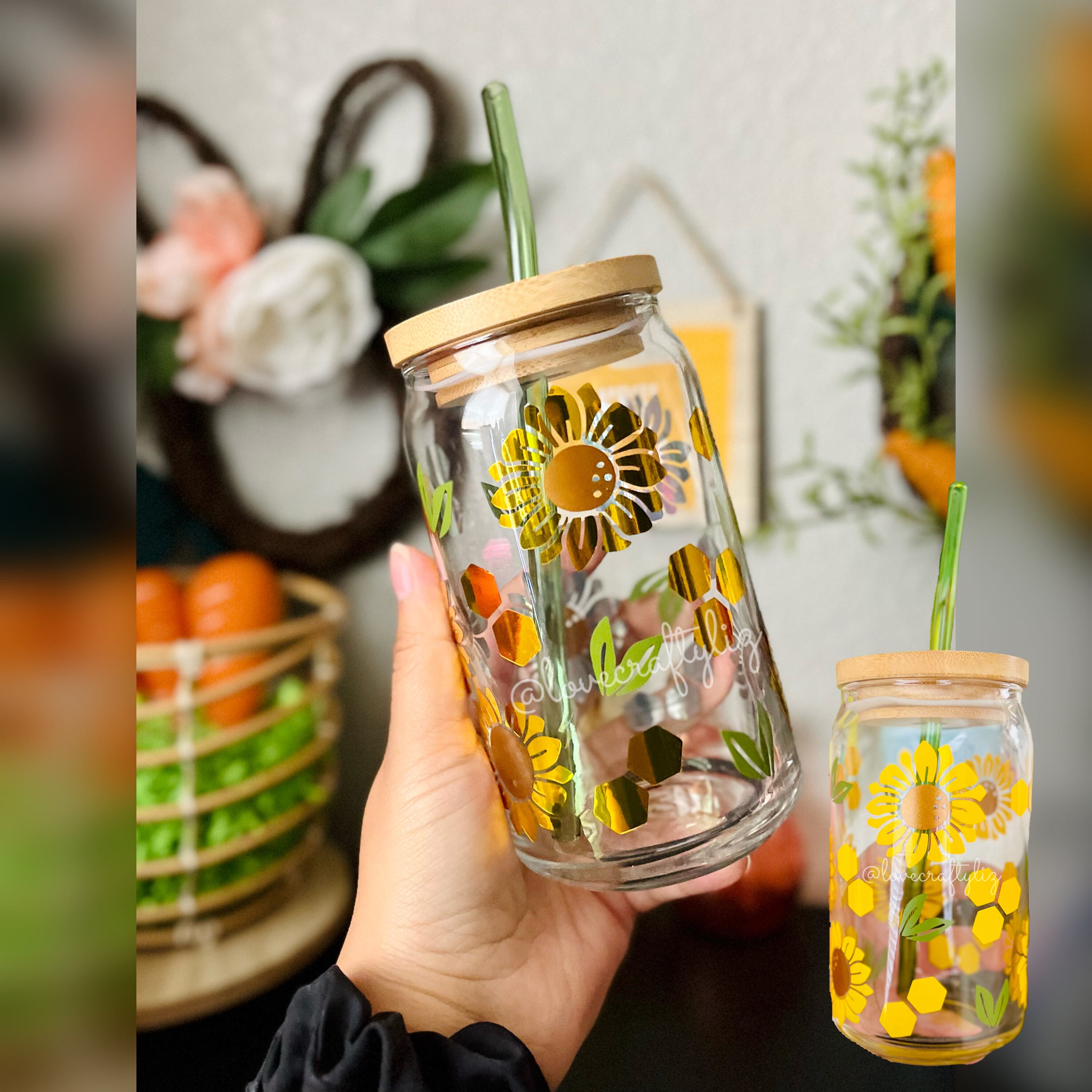 Sunflower Honey Comb 16oz Beer Can Glass | Spring Cup | Self Love | Iced Coffee | Smoothie | Boho |Gift | Mom | Flowers | Pink Bees Floral