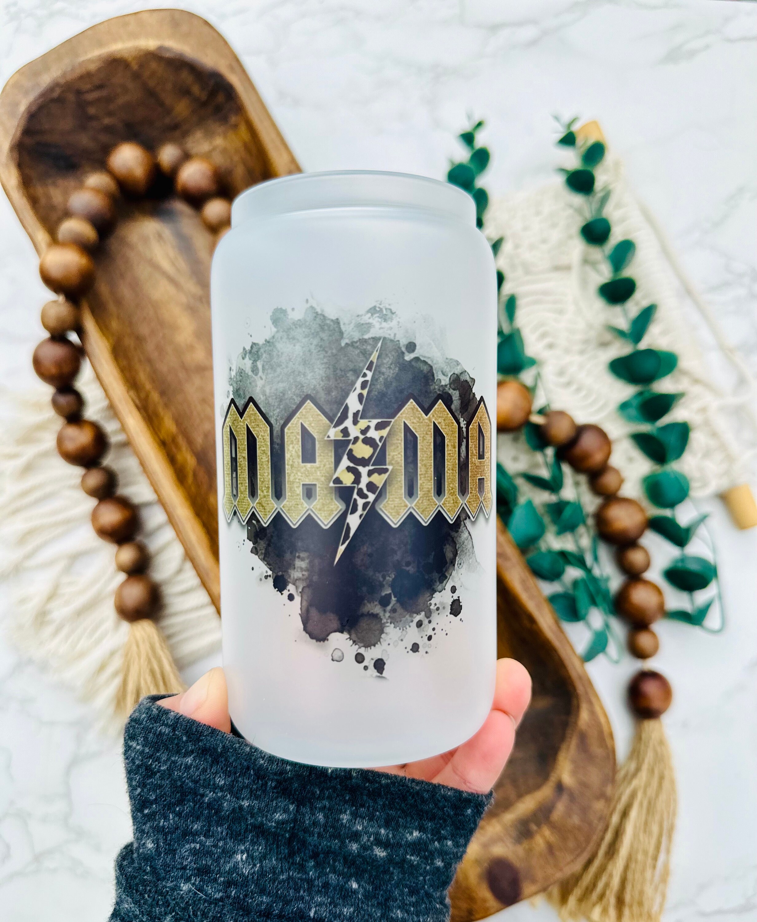 MAMA frosted beer can glass, sublimation glass, bamboo lid and straw, libbey glass, coffee glass, iced coffee glass