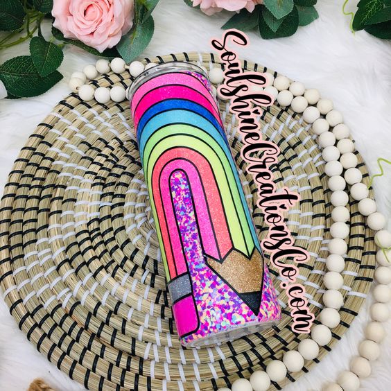 Neon Rainbow Pencil Glitter Composition Tumbler