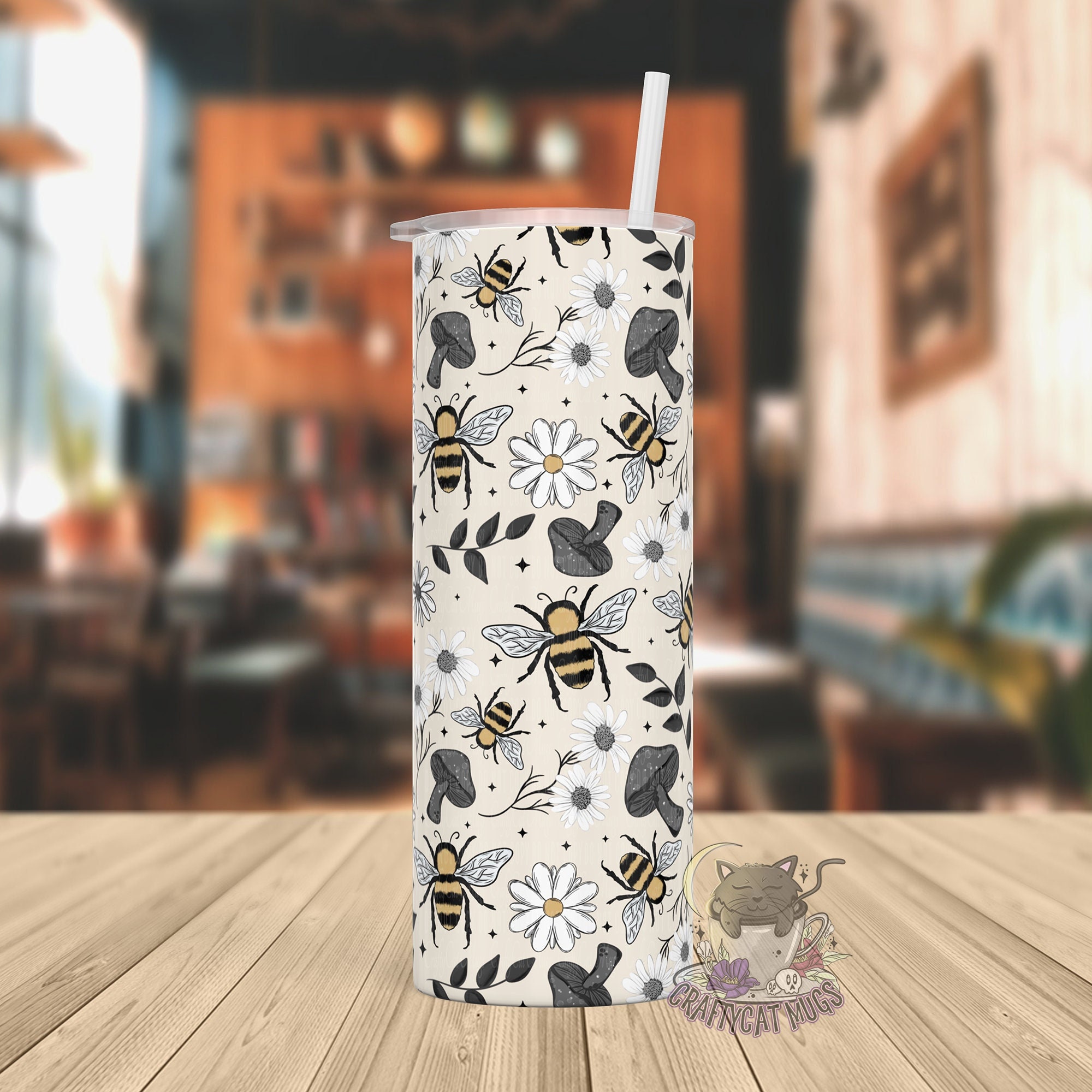 Cottagecore Bee Design Tumbler | Mushroom Tumbler | Floral Bee Cup