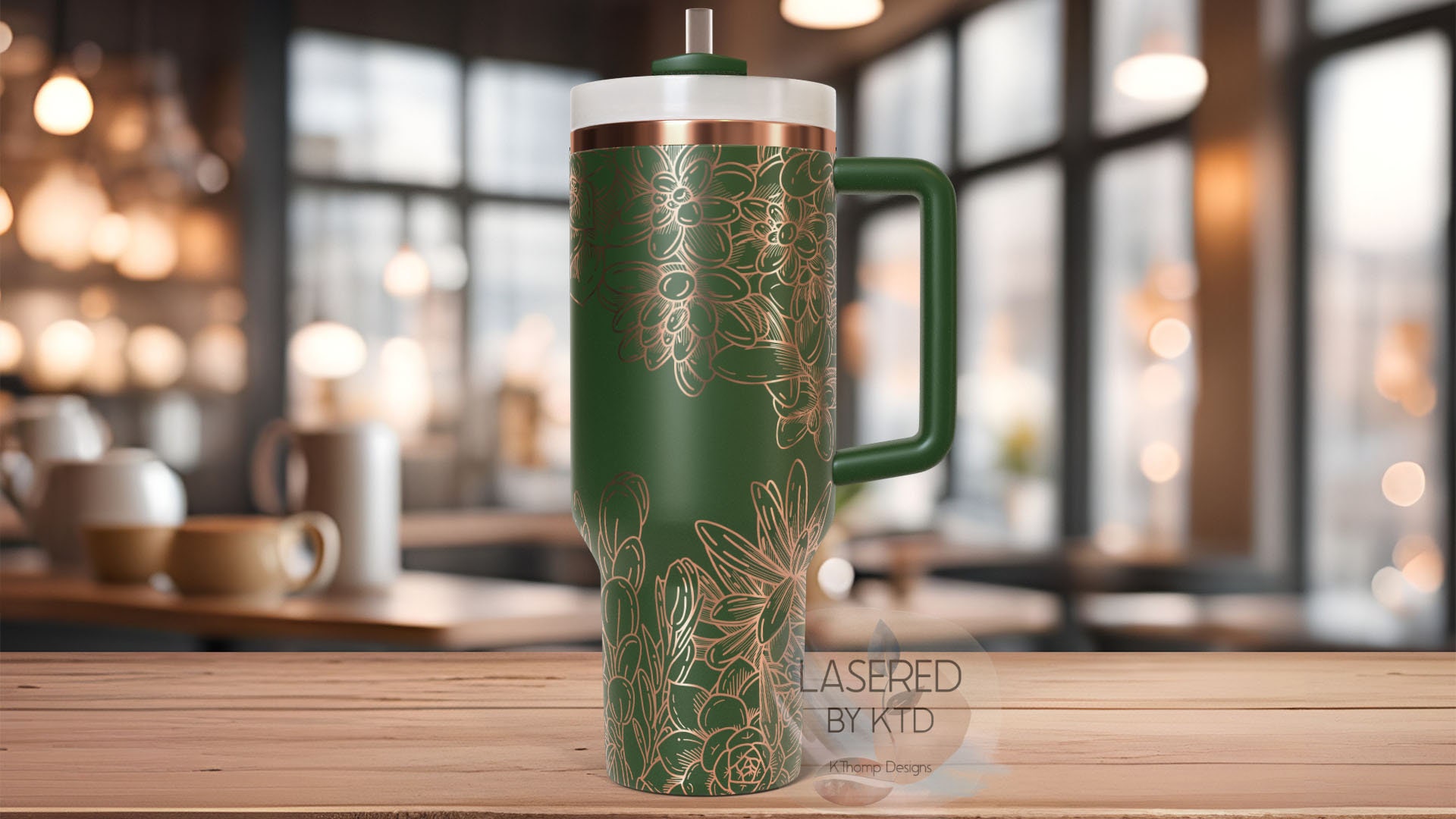 Succulents Laser Engraved 40oz Tumbler with Handle Lid and Straw, Custom Engraved Seamless Tumbler, Double Wall Insulated Cup